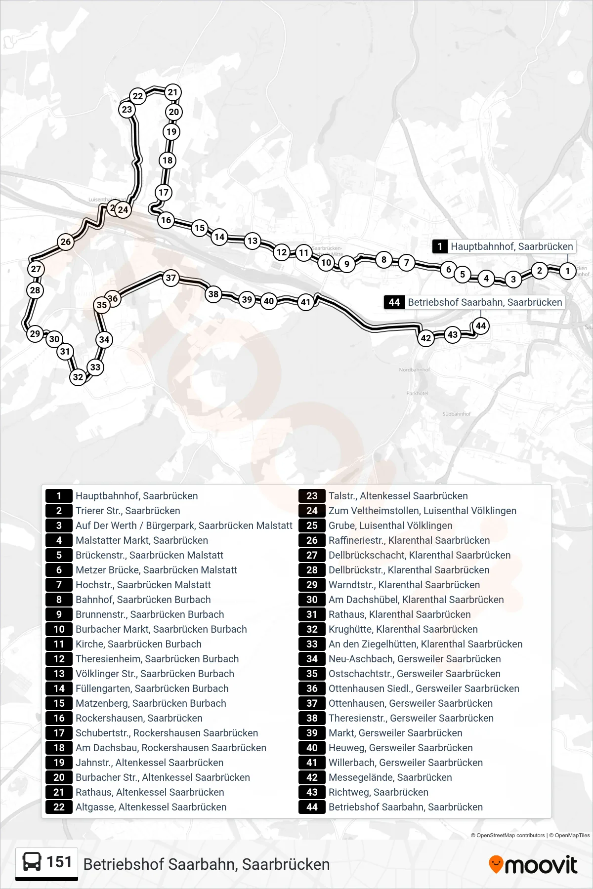 151 bus Line (Betriebshof Saarbahn, Saarbrücken) route and stops on a map