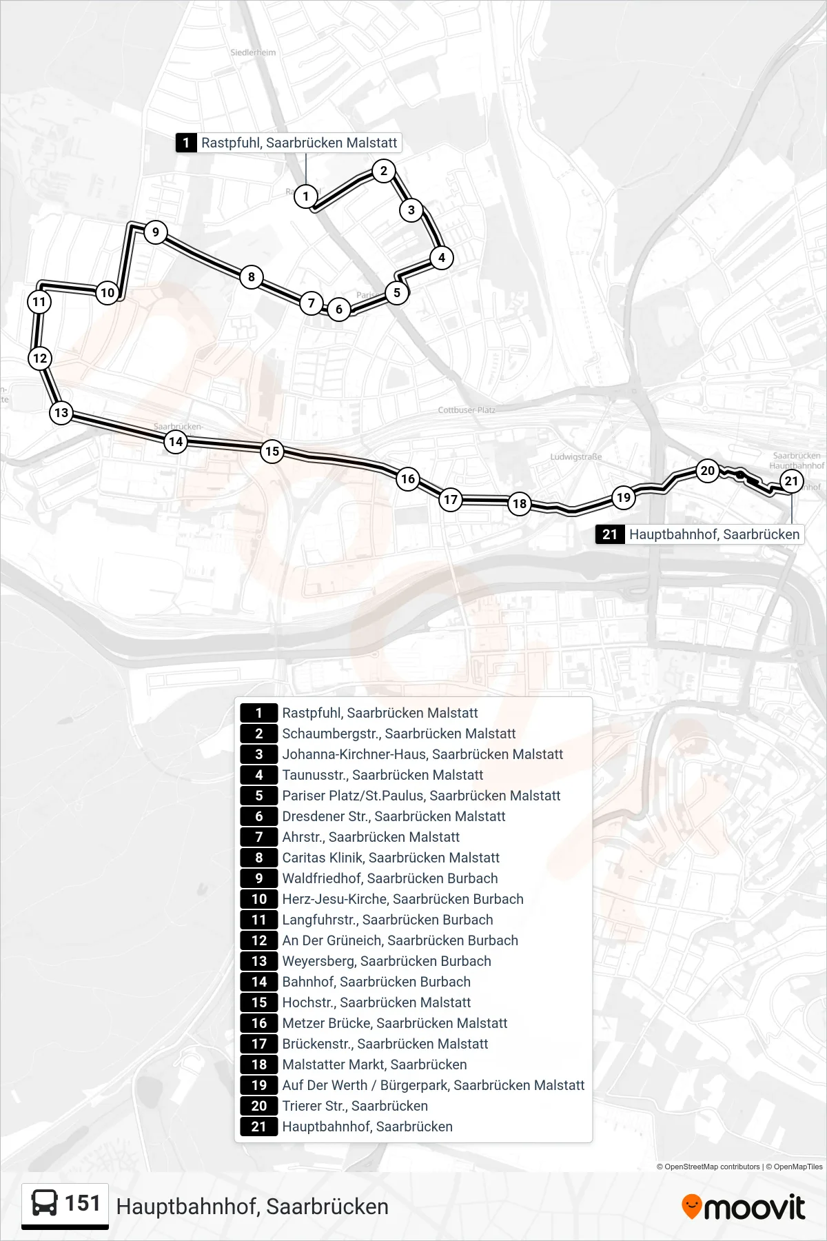 151 bus Line (Hauptbahnhof, Saarbrücken) route and stops on a map