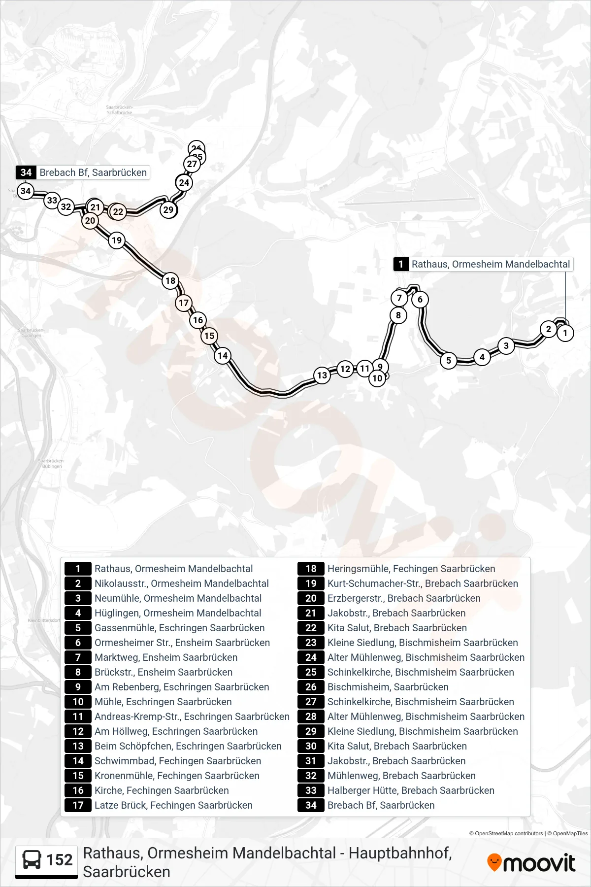 152 bus Line (Brebach Bf, Saarbrücken) route and stops on a map