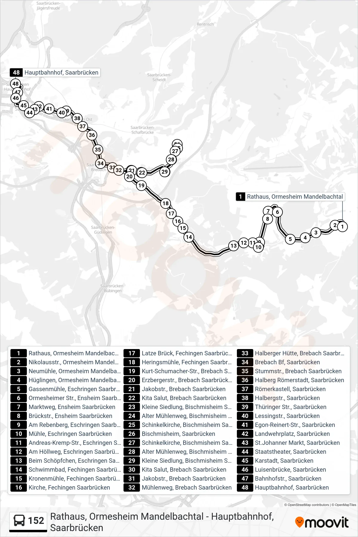 152 bus Line (Hauptbahnhof, Saarbrücken) route and stops on a map