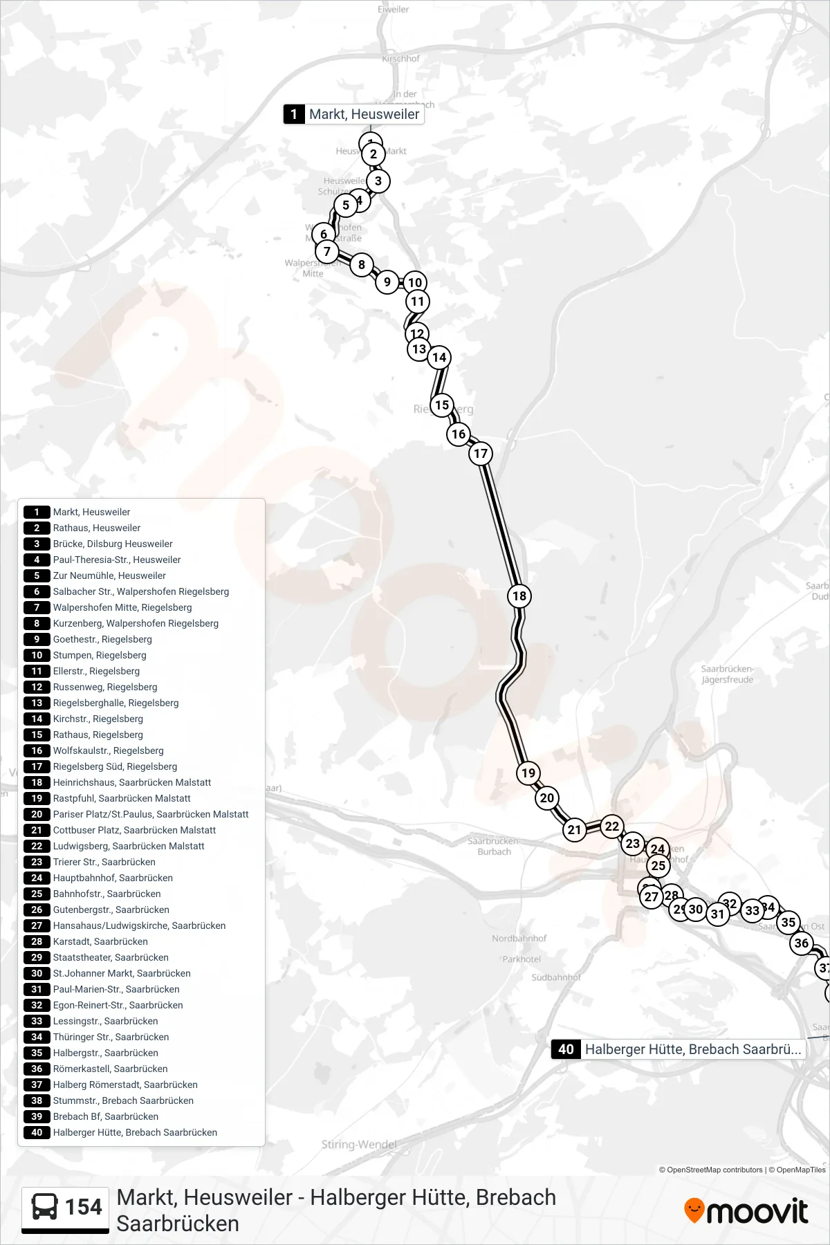 154 bus Line (Halberger Hütte, Brebach Saarbrücken) route and stops on a map