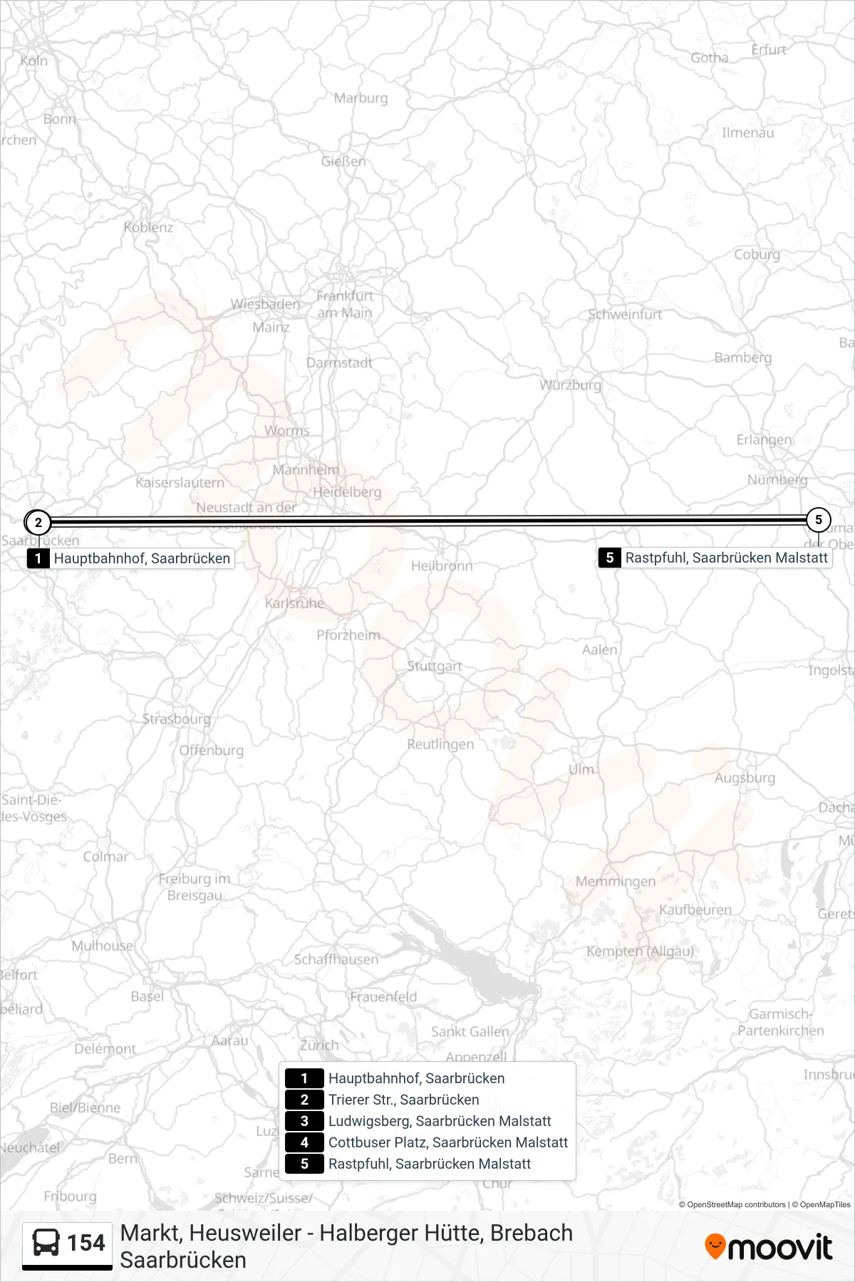 Linie 154 (Bus) Richtung Rastpfuhl, Saarbrücken Malstatt: Route und Haltestellen auf der Karte