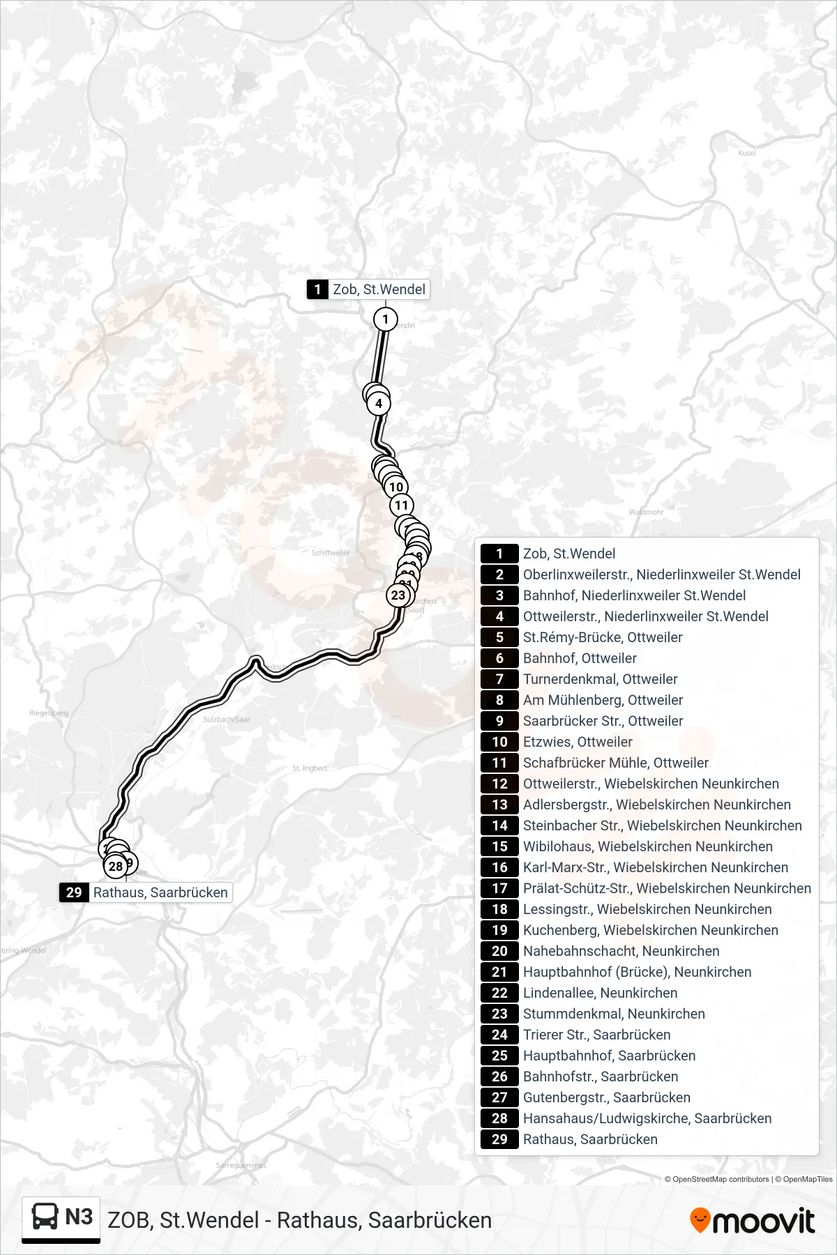 Linie N3 (Bus) Richtung Rathaus, Saarbrücken: Route und Haltestellen auf der Karte