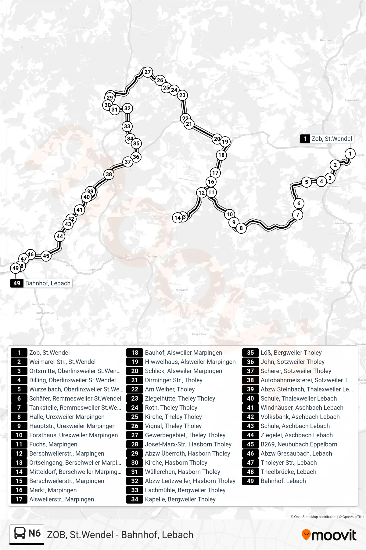 Linie N6 (Bus) Richtung Bahnhof, Lebach: Route und Haltestellen auf der Karte