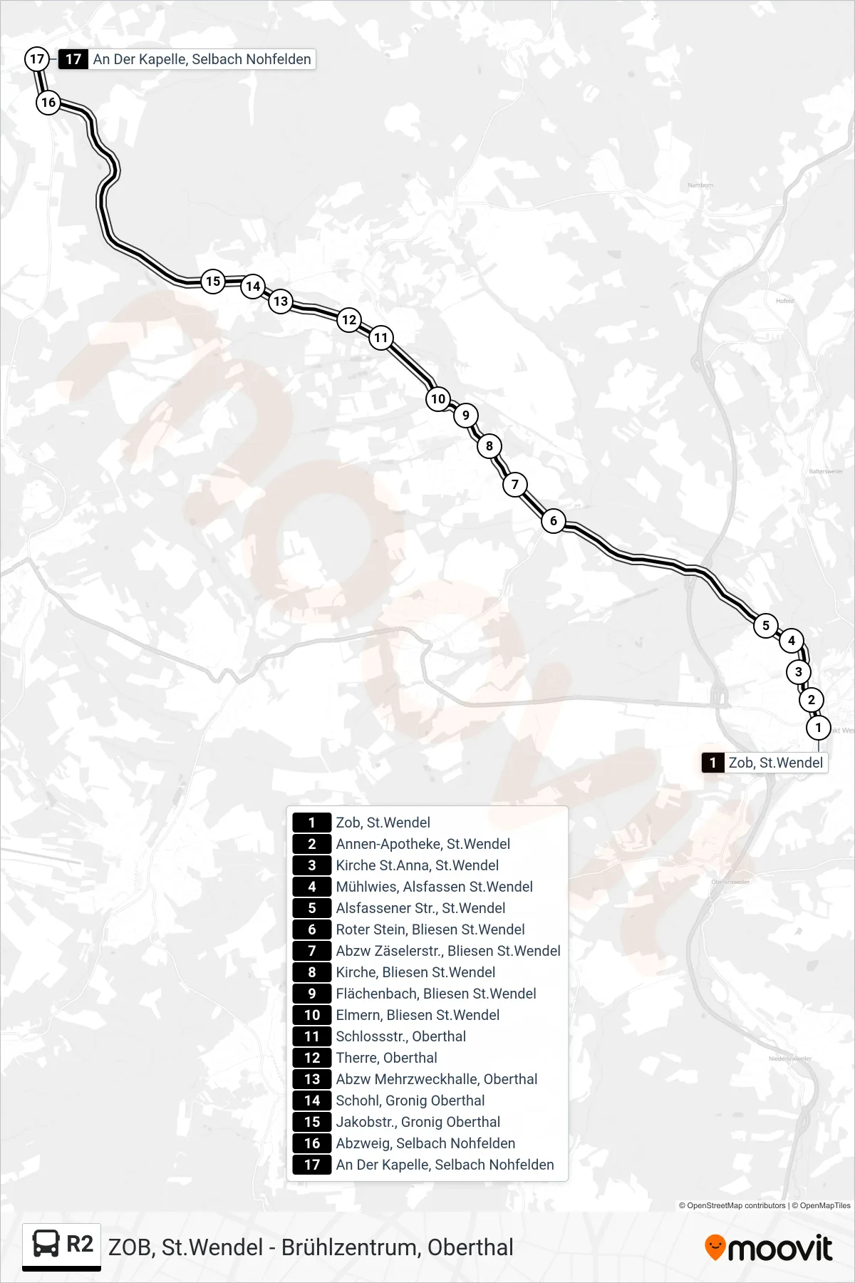 R2 bus Line (An Der Kapelle, Selbach Nohfelden) route and stops on a map