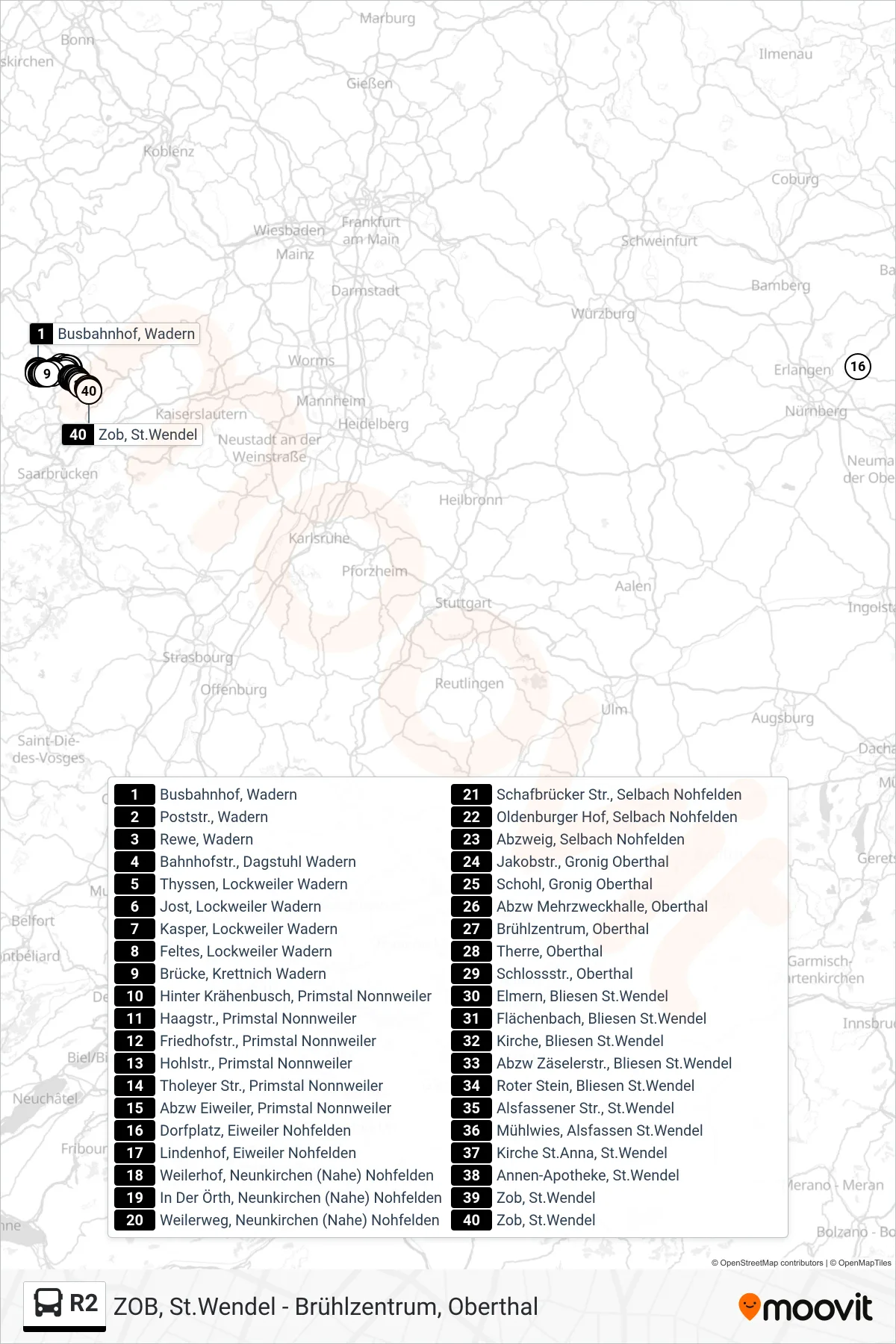 R2 bus Line (St. Wendel ZOB) route and stops on a map