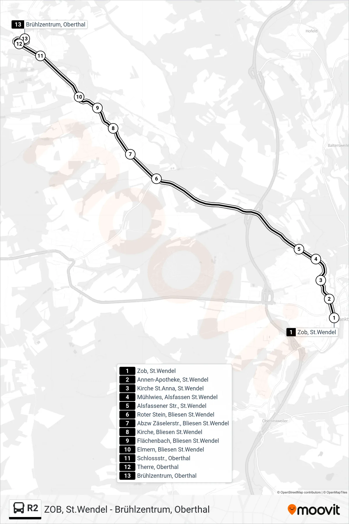 Linie R2 (Bus) Richtung Oberthal Steinberg: Route und Haltestellen auf der Karte