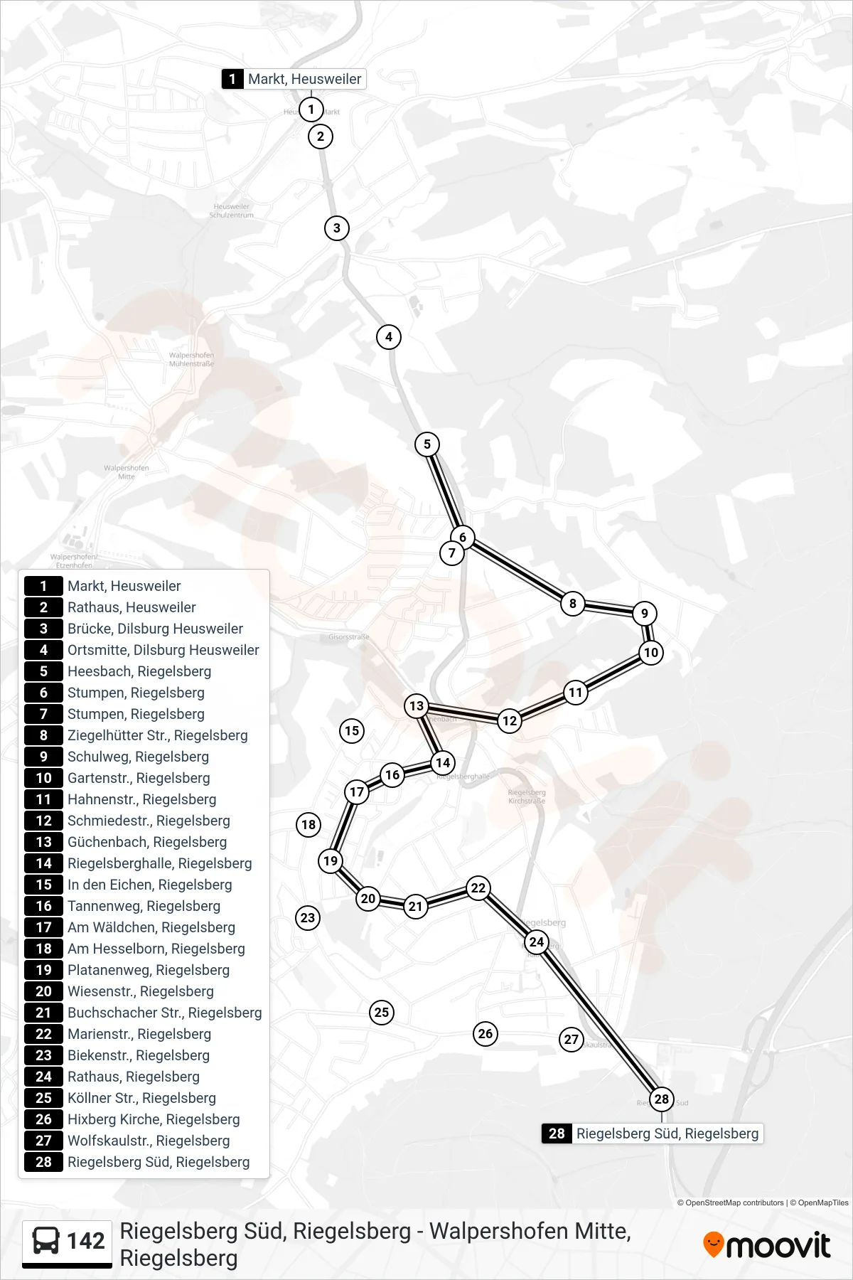 142 bus Line (Riegelsberg Süd, Riegelsberg) route and stops on a map