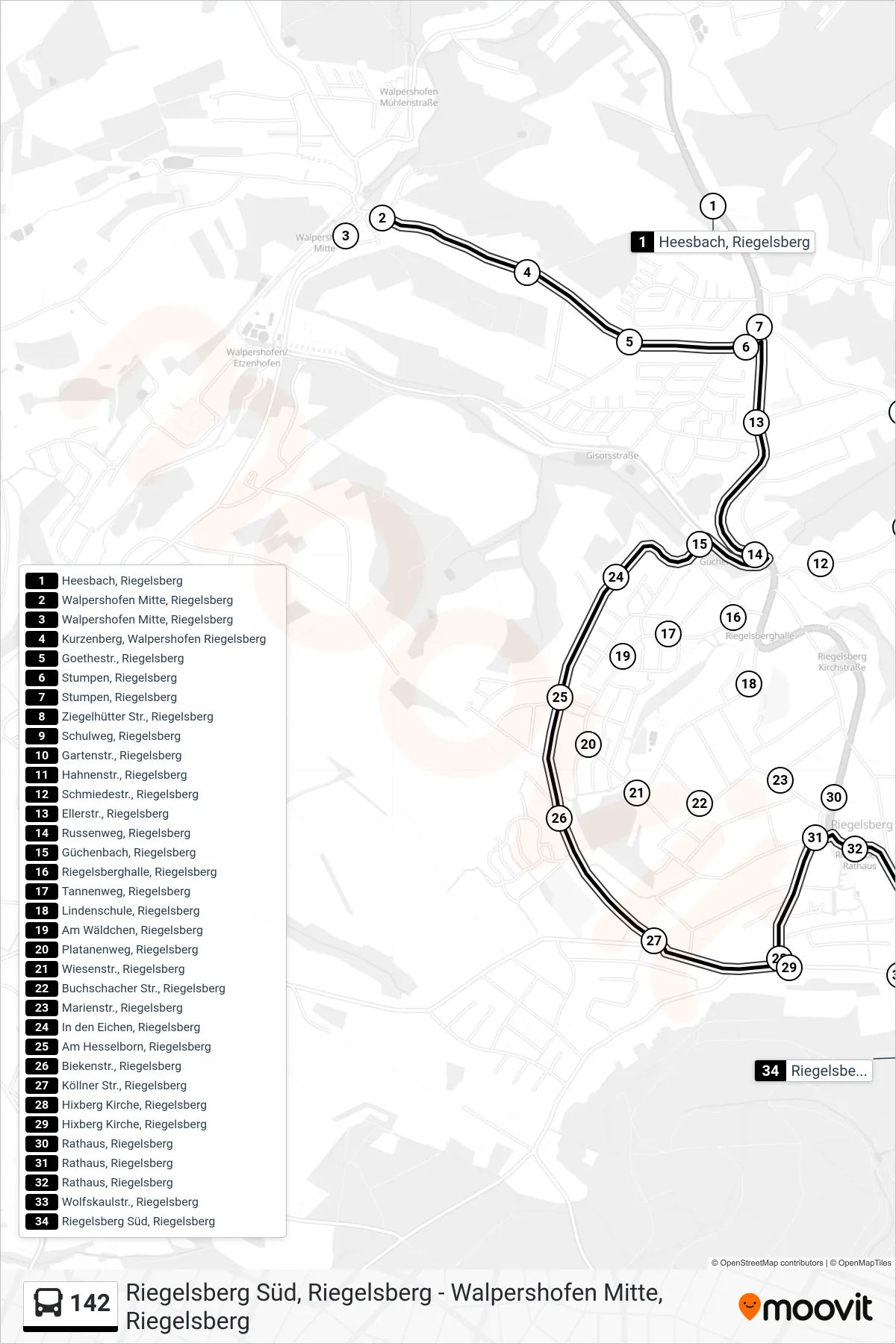 142 bus Line (Riegelsberg Süd) route and stops on a map