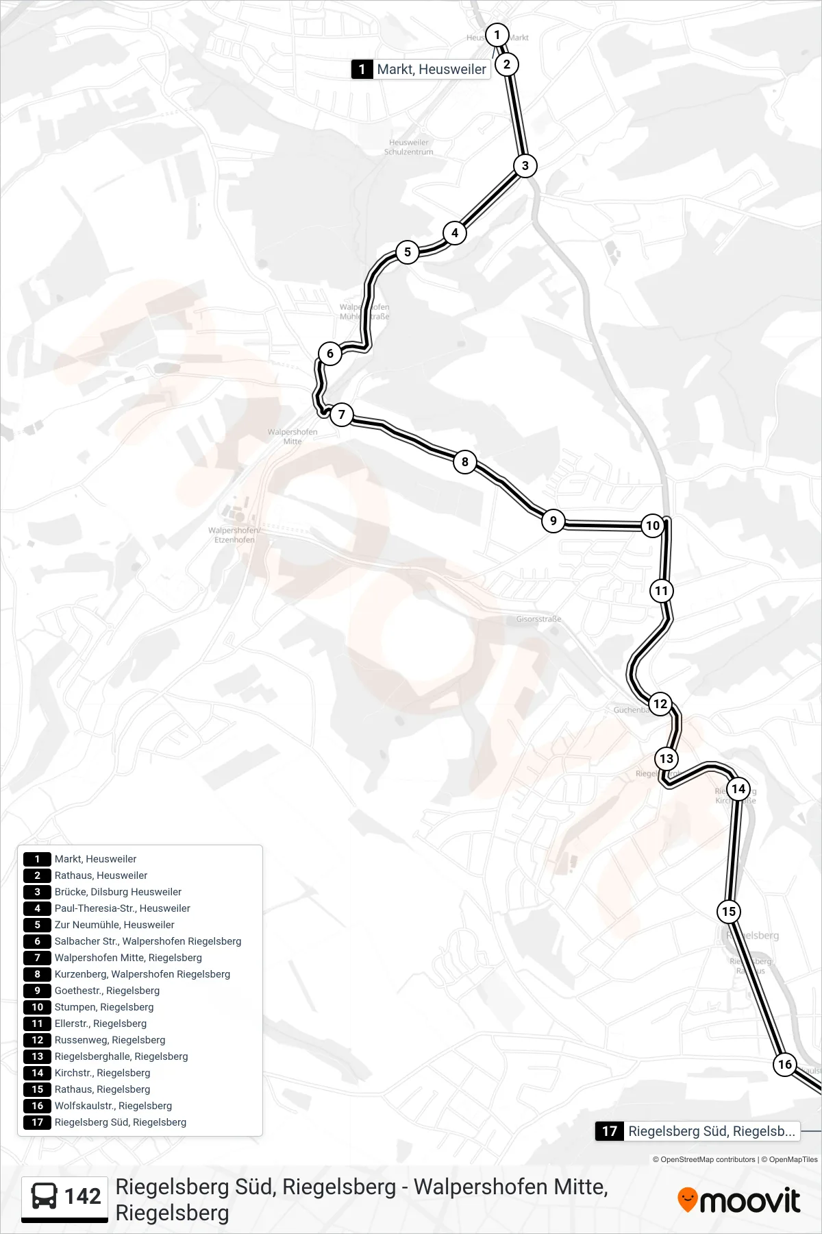 142 bus Line (Riegelsbg. Süd Ü.Hilschb.) route and stops on a map