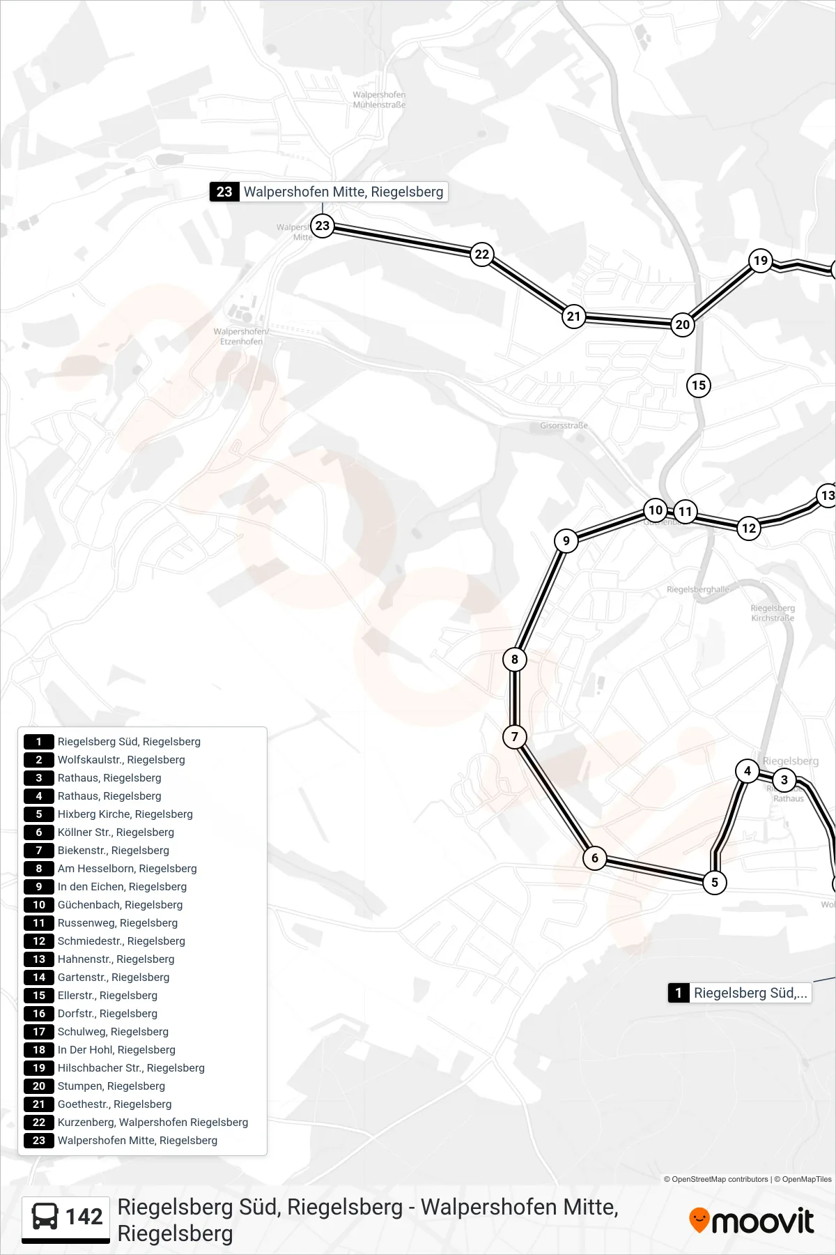 142 bus Line (Walpershofen Mitte, Riegelsberg) route and stops on a map