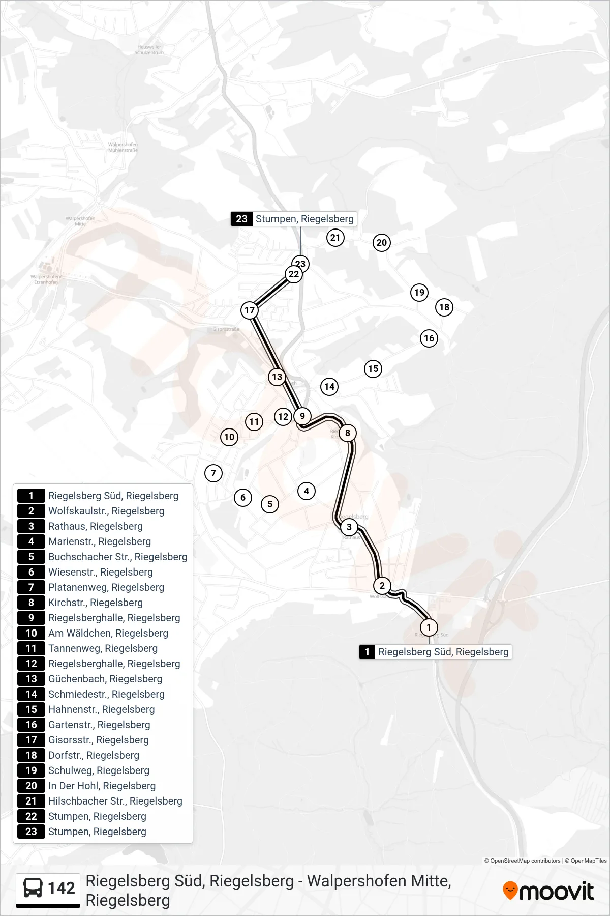 142 bus Line (Stumpen, Riegelsberg) route and stops on a map