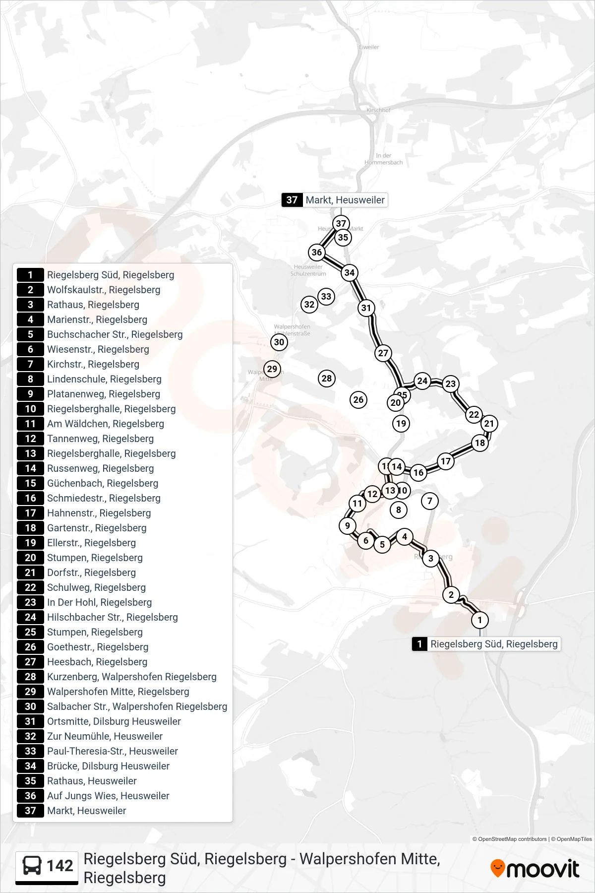 142 bus Line (Markt, Heusweiler) route and stops on a map