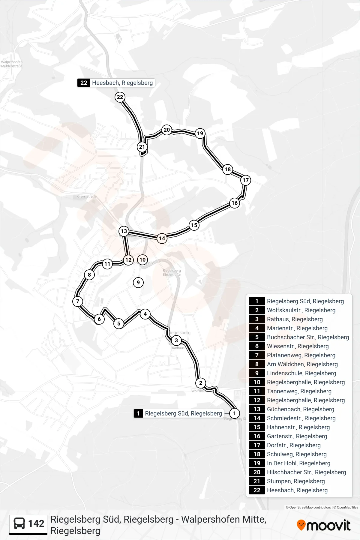 Linie 142 (Bus) Richtung Riegelsb. Ü. Hilschbach: Route und Haltestellen auf der Karte