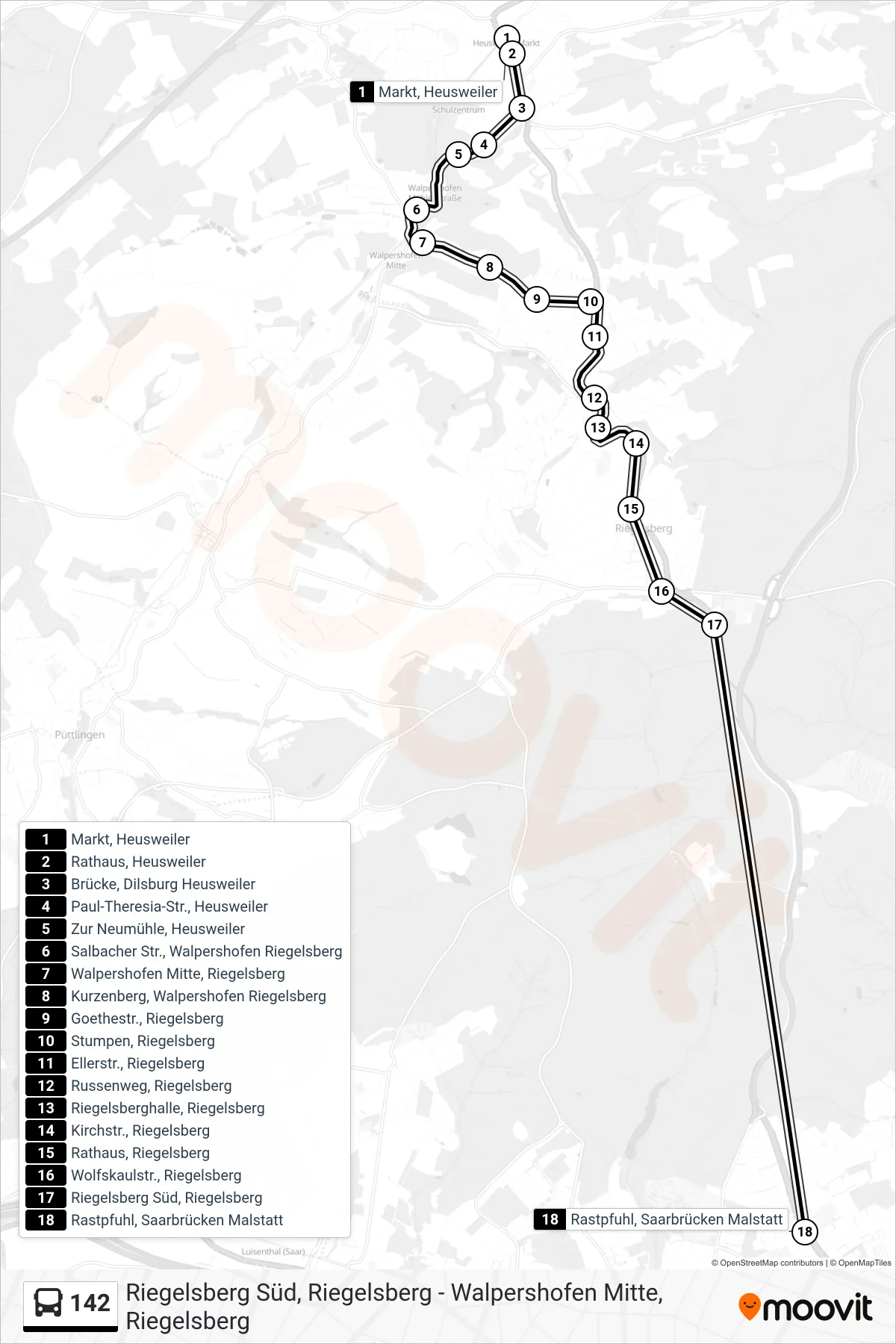 142 bus Line (Rastpfuhl, Saarbrücken Malstatt) route and stops on a map