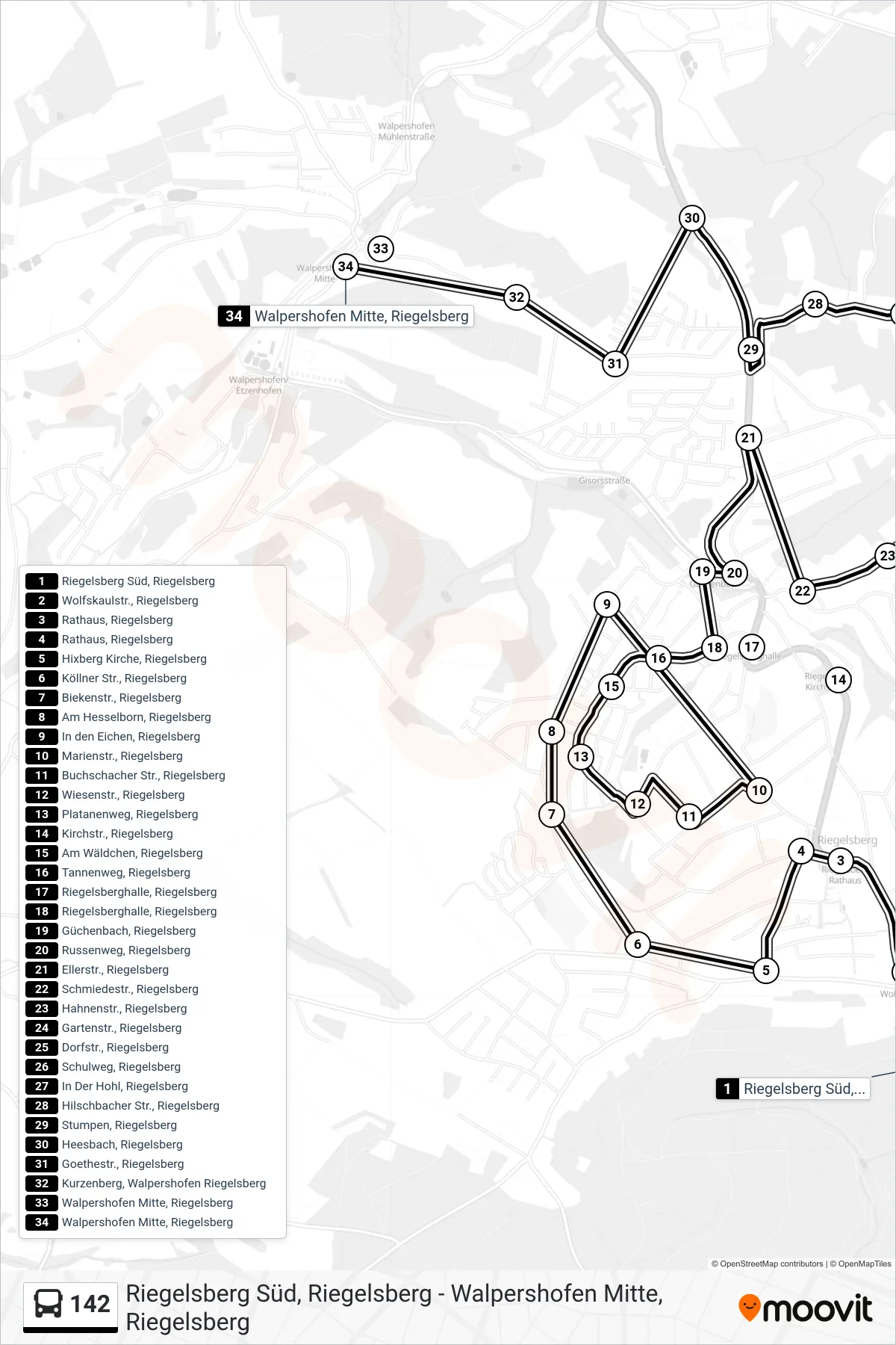 142 bus Line (Walpershofen Mitte) route and stops on a map