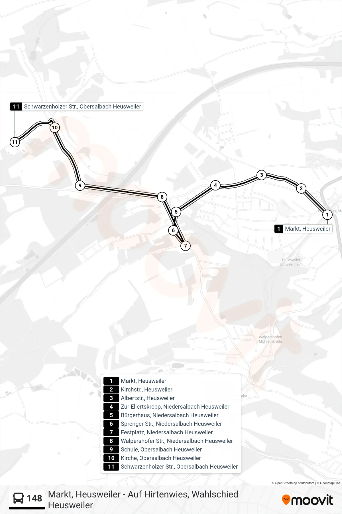 148 bus Line (Schwarzenholzer Str., Obersalbach Heusweiler) route and stops on a map