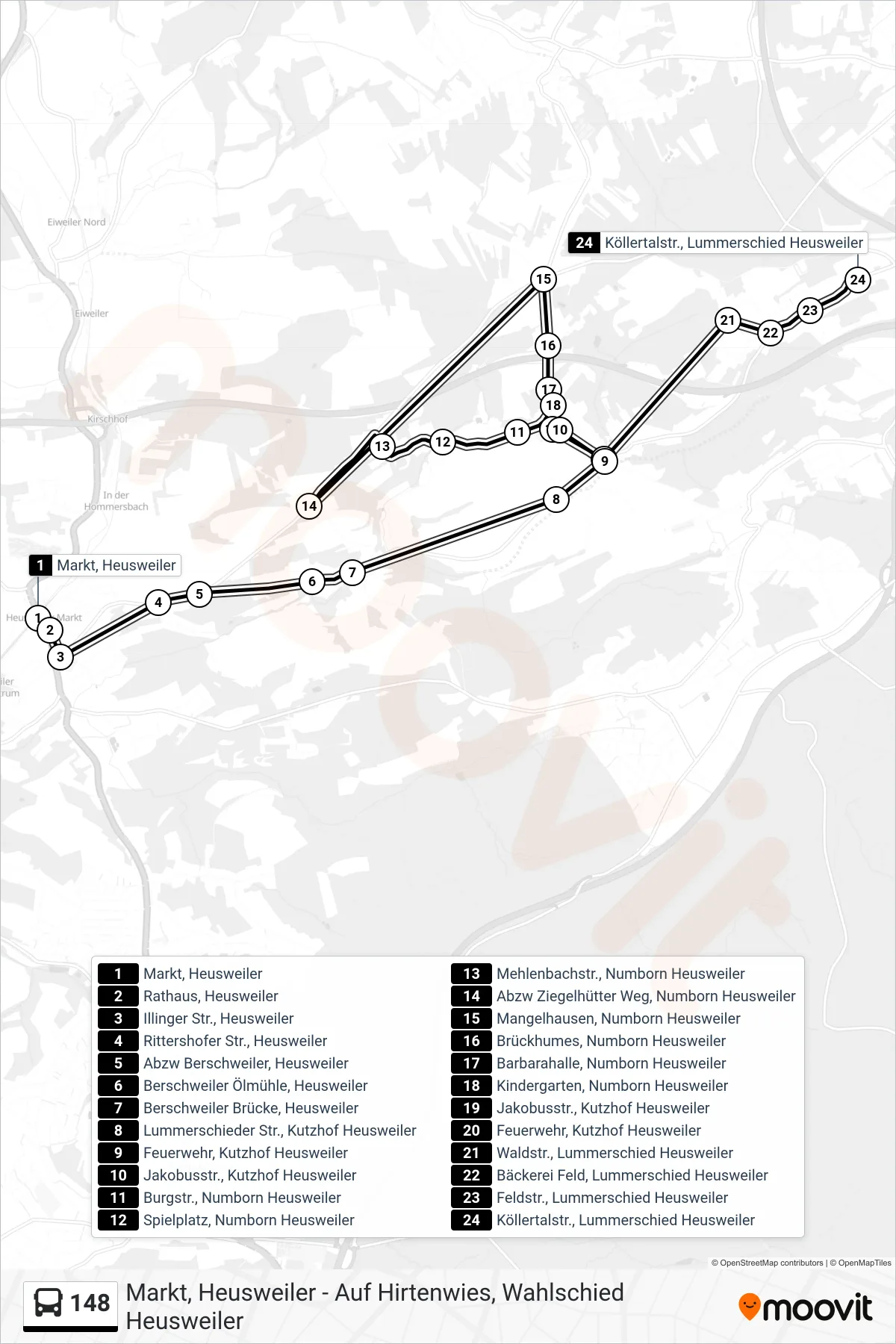 148 bus Line (Köllertalstr., Lummerschied Heusweiler) route and stops on a map