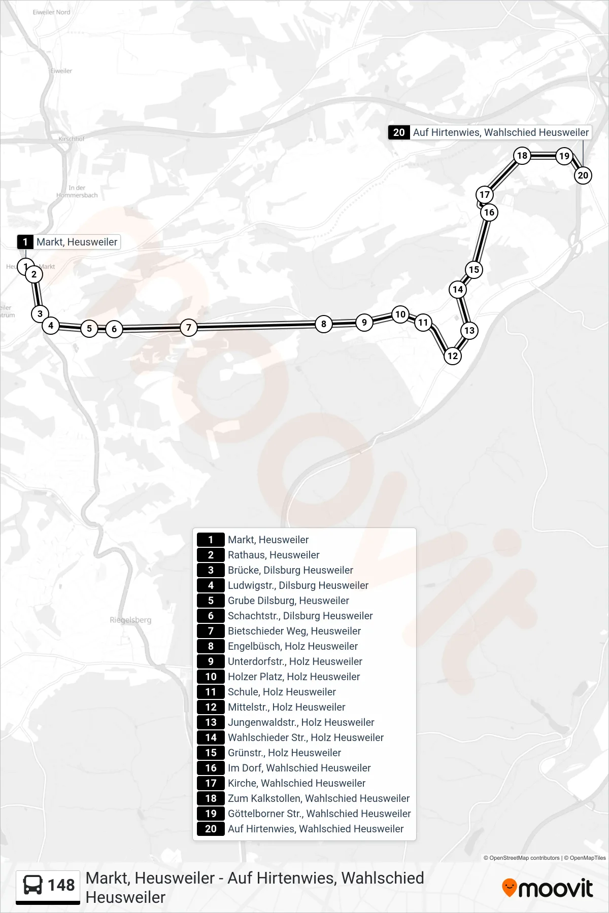 148 bus Line (Auf Hirtenwies, Wahlschied Heusweiler) route and stops on a map