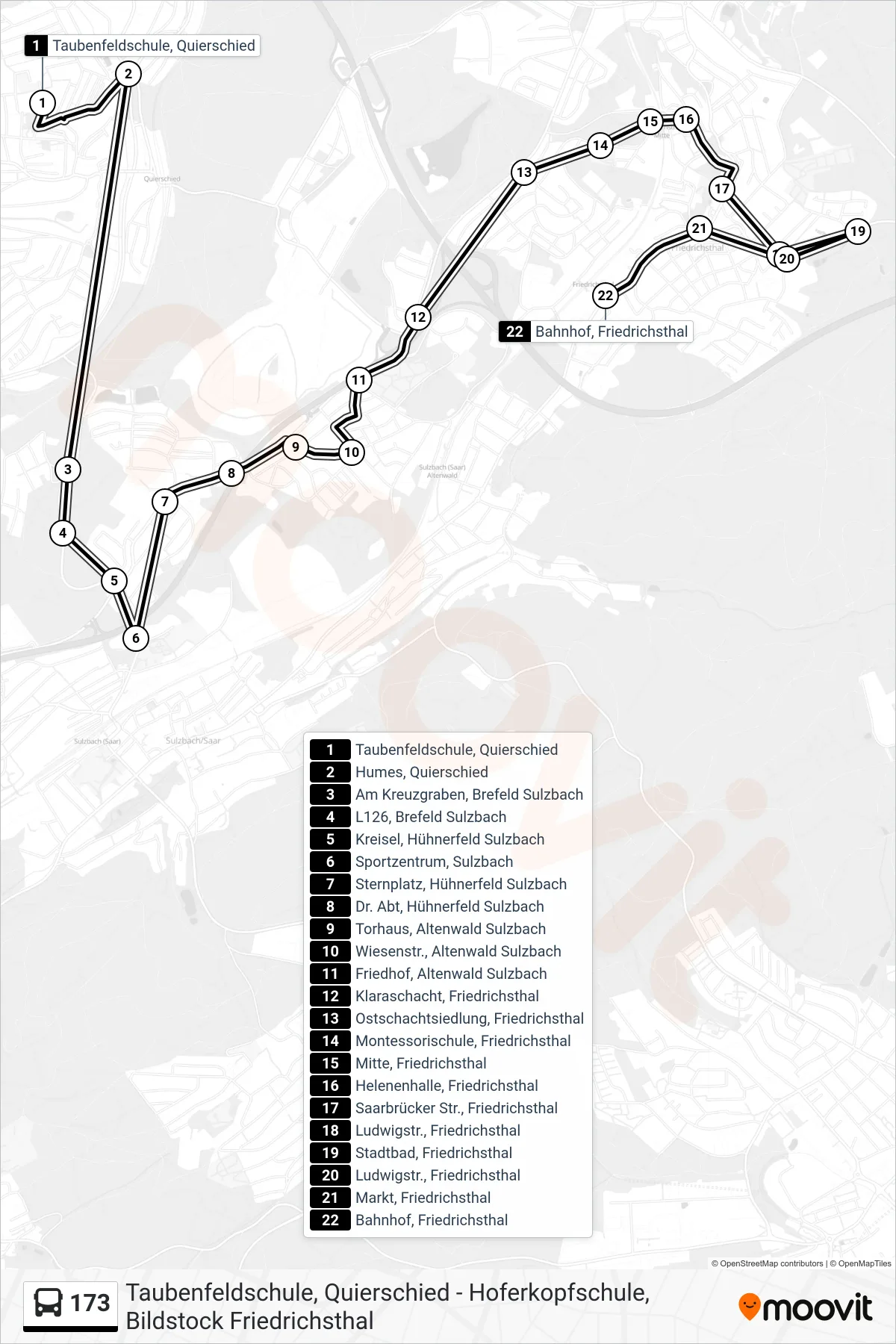 173 bus Line (Bahnhof, Friedrichsthal) route and stops on a map