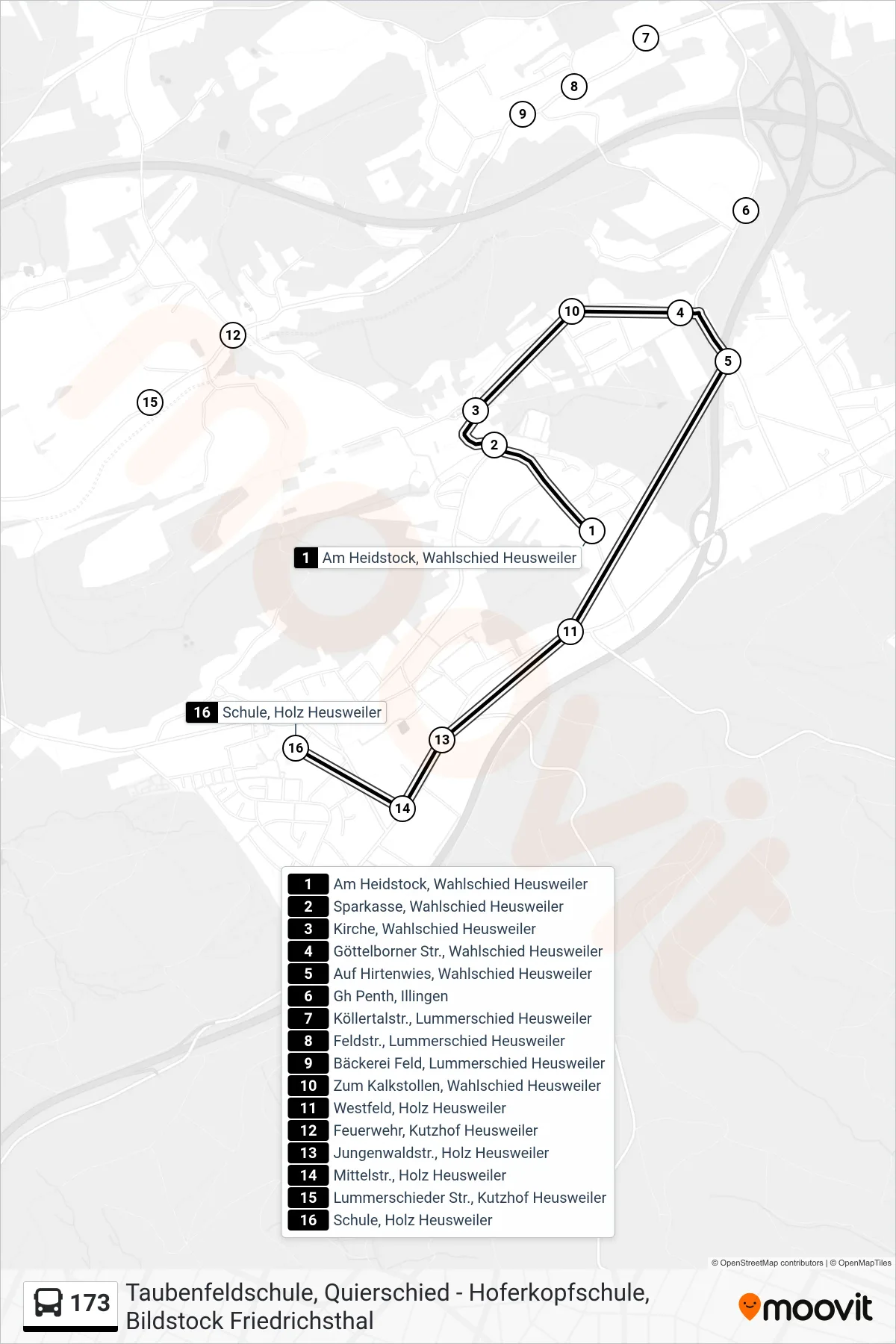 173 bus Line (Holz Schule) route and stops on a map