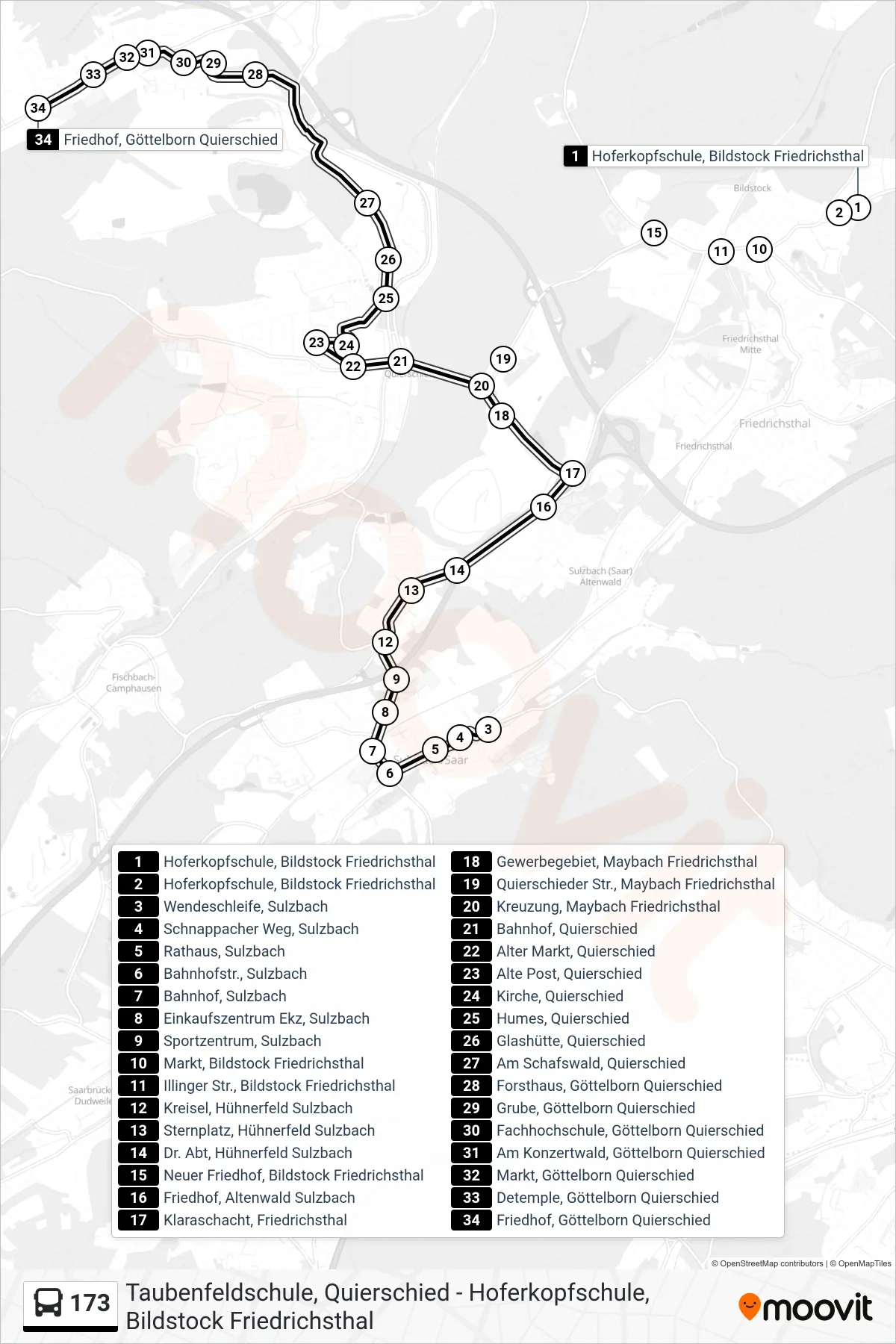 173 bus Line (Friedhof, Göttelborn Quierschied) route and stops on a map