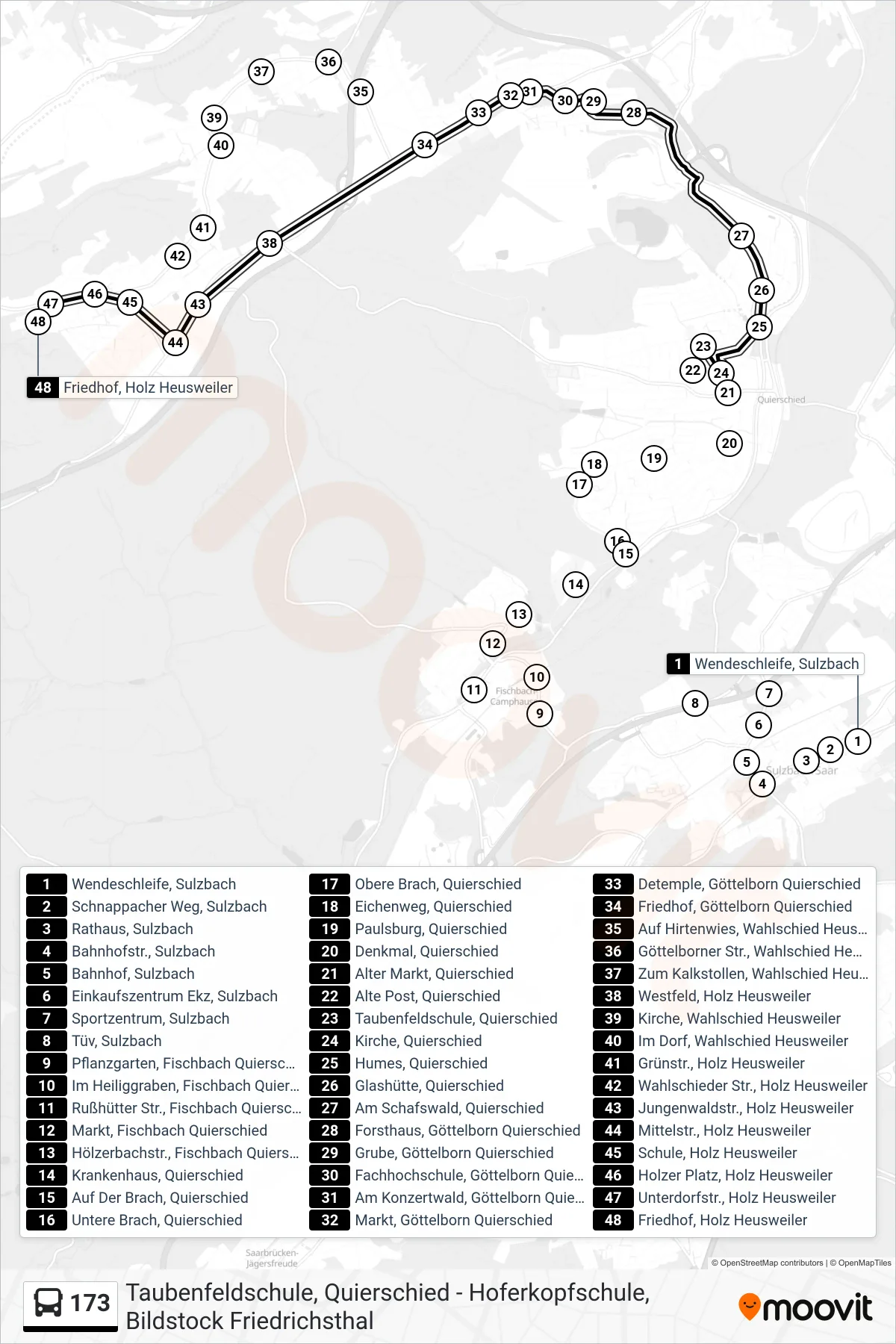 173 bus Line (Friedhof, Holz Heusweiler) route and stops on a map