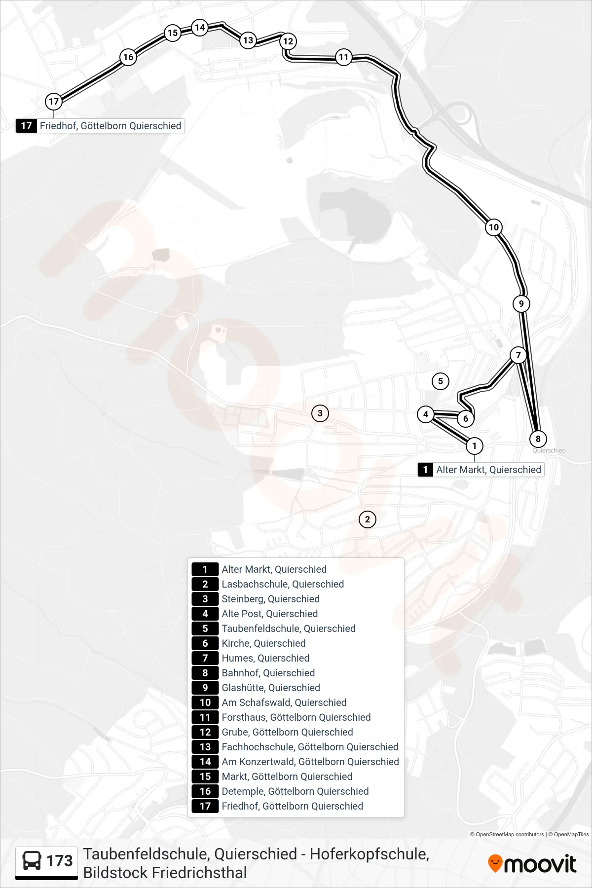 173 bus Line (Göttelborn Friedhof) route and stops on a map