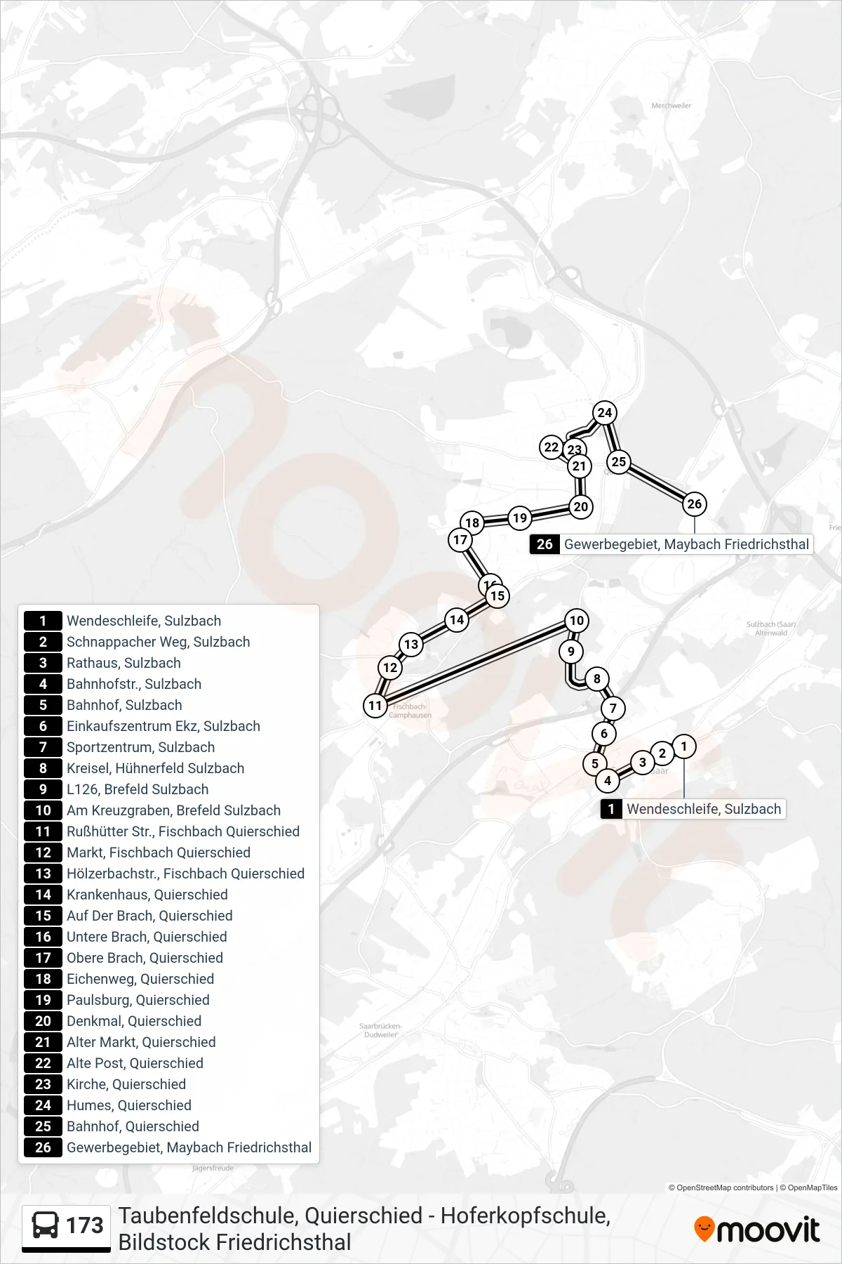 173 bus Line (Gewerbegebiet, Maybach Friedrichsthal) route and stops on a map