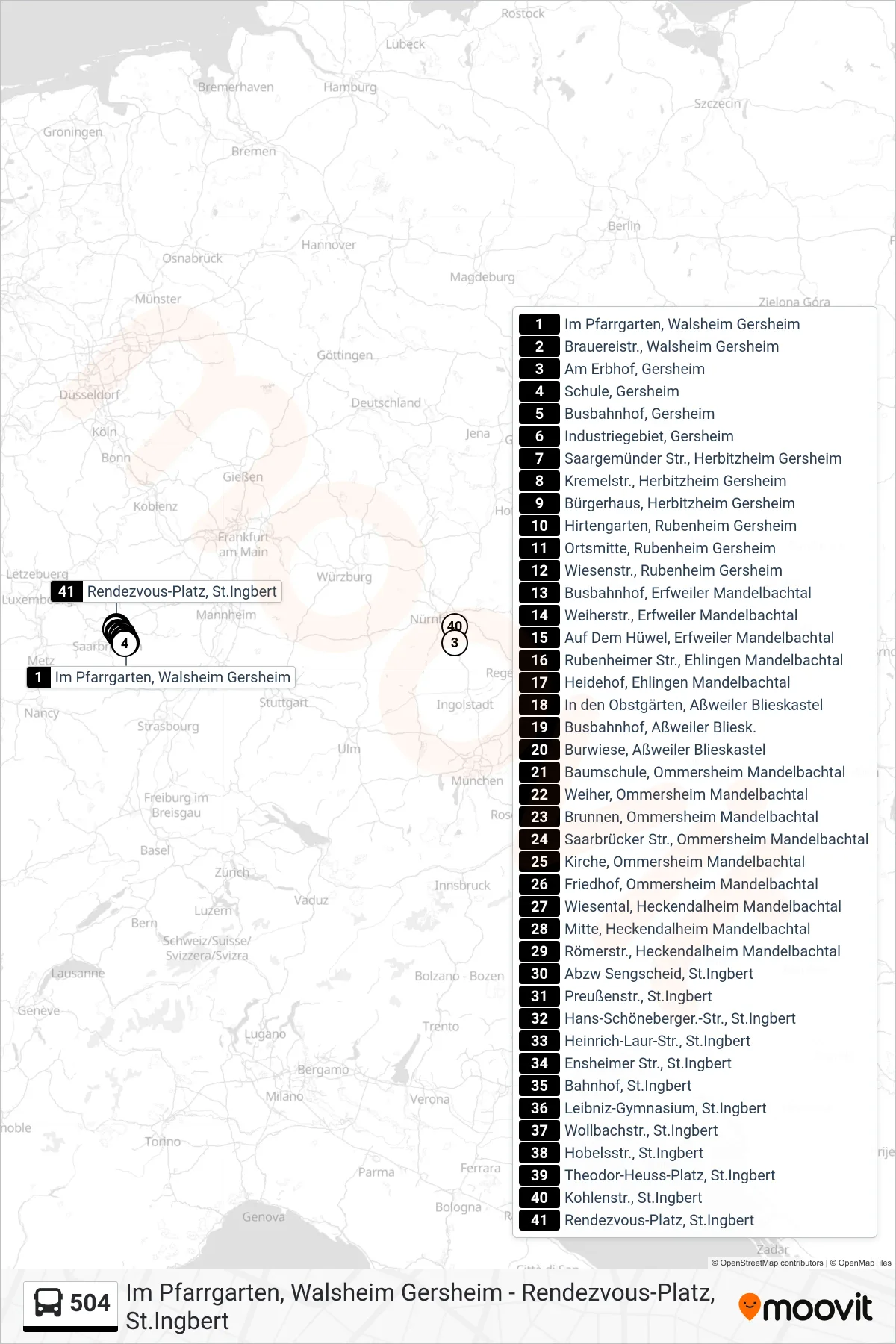 504 bus Line (Rendezvous-Platz, St.Ingbert) route and stops on a map