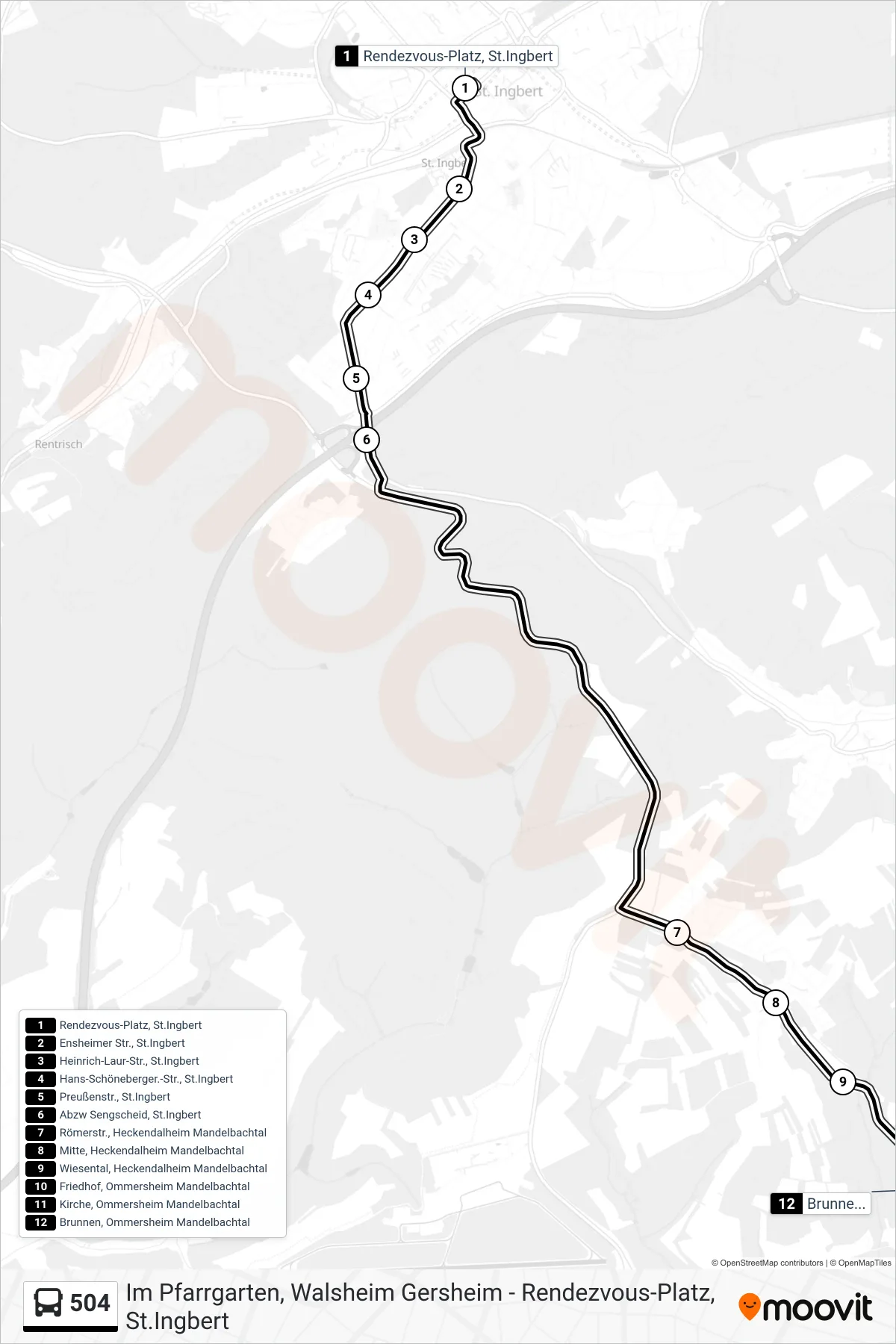 504 bus Line (Ommersh.Brunnen) route and stops on a map