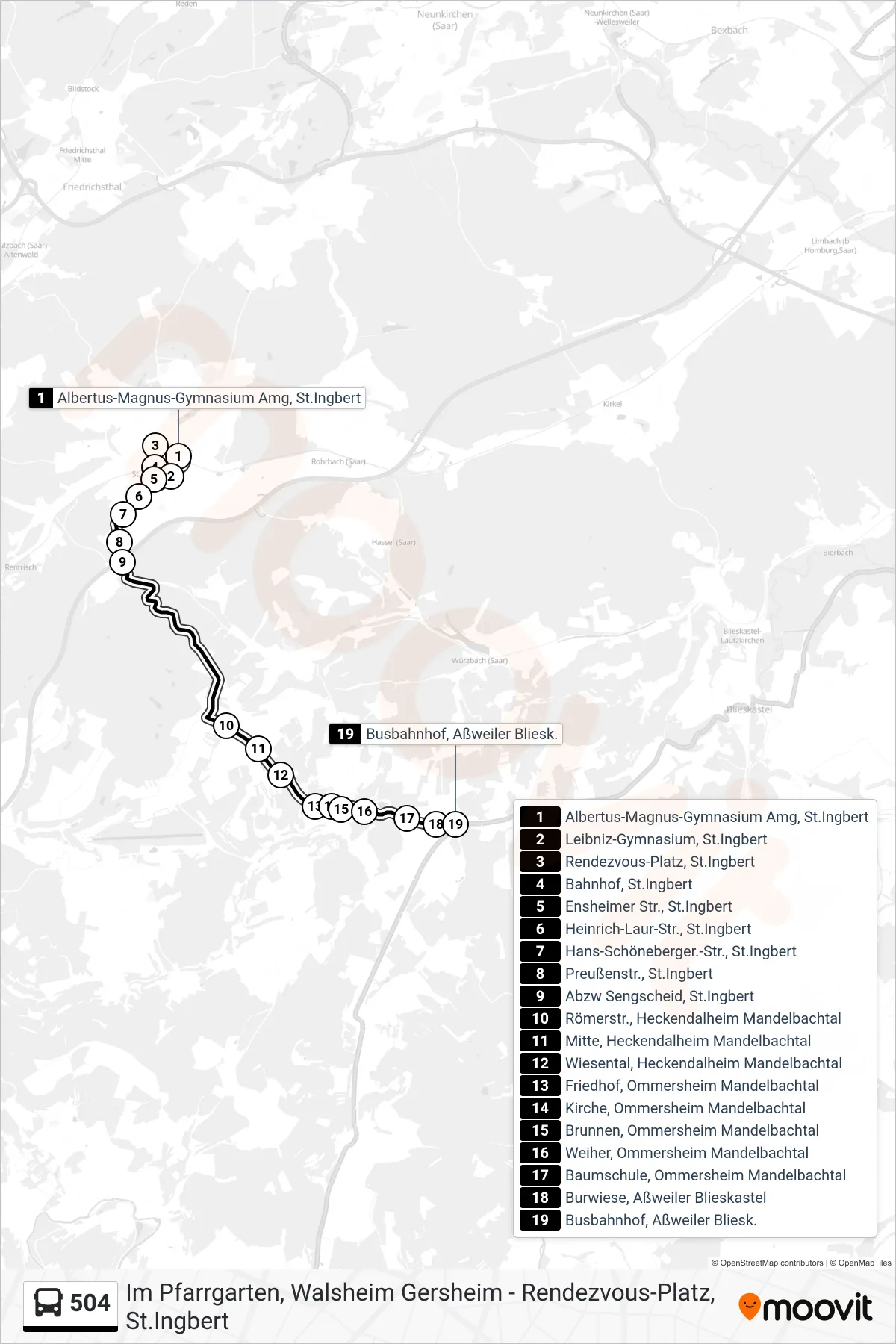 504 bus Line (Busbahnhof, Aßweiler Bliesk.) route and stops on a map