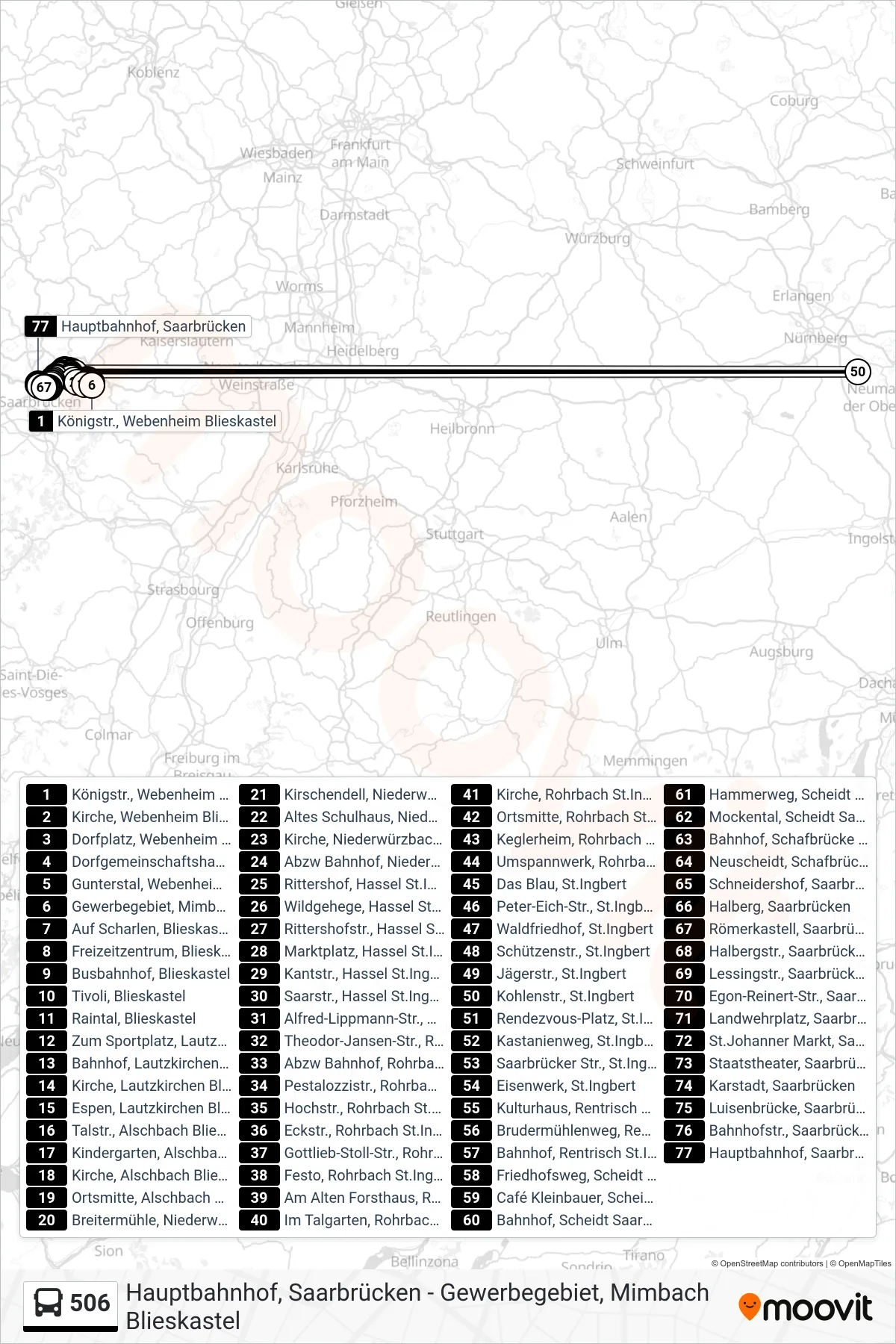 506 bus Line (Hauptbahnhof, Saarbrücken) route and stops on a map