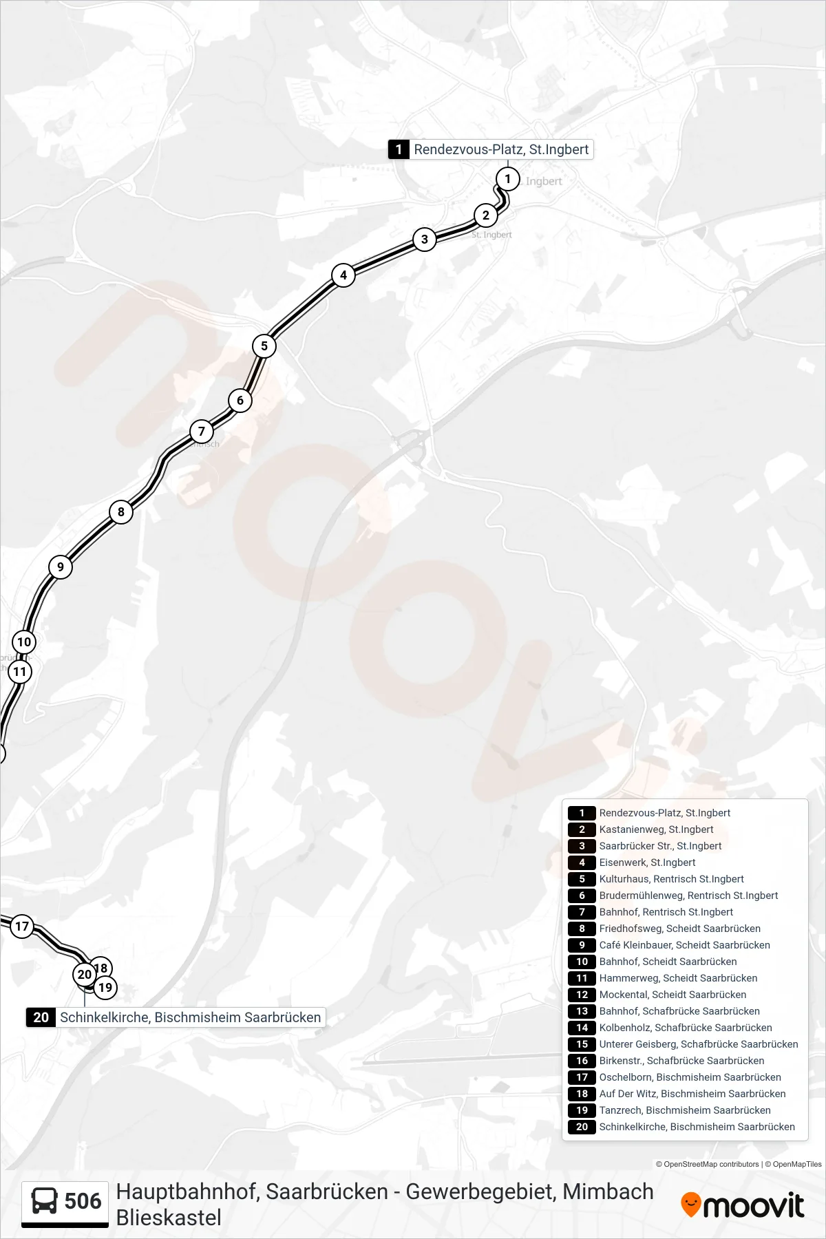 506 bus Line (Bischmisheim Ü. Scheidt) route and stops on a map