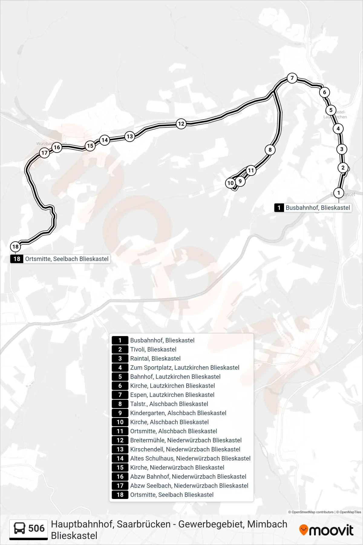 506 bus Line (Seelbach Ortsmitte) route and stops on a map