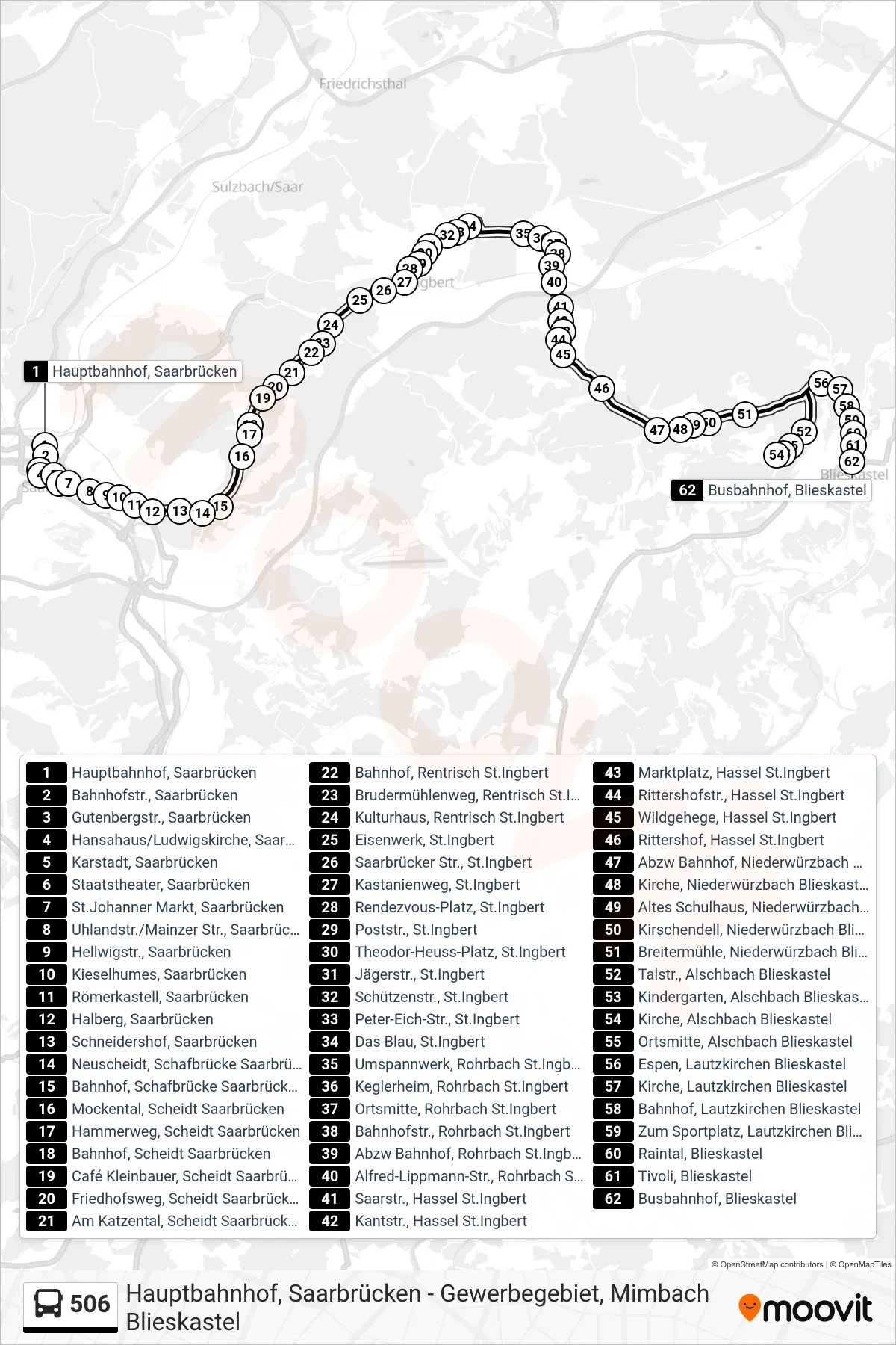 Linie 506 (Bus) Richtung Blieskastel Busbahnhof: Route und Haltestellen auf der Karte