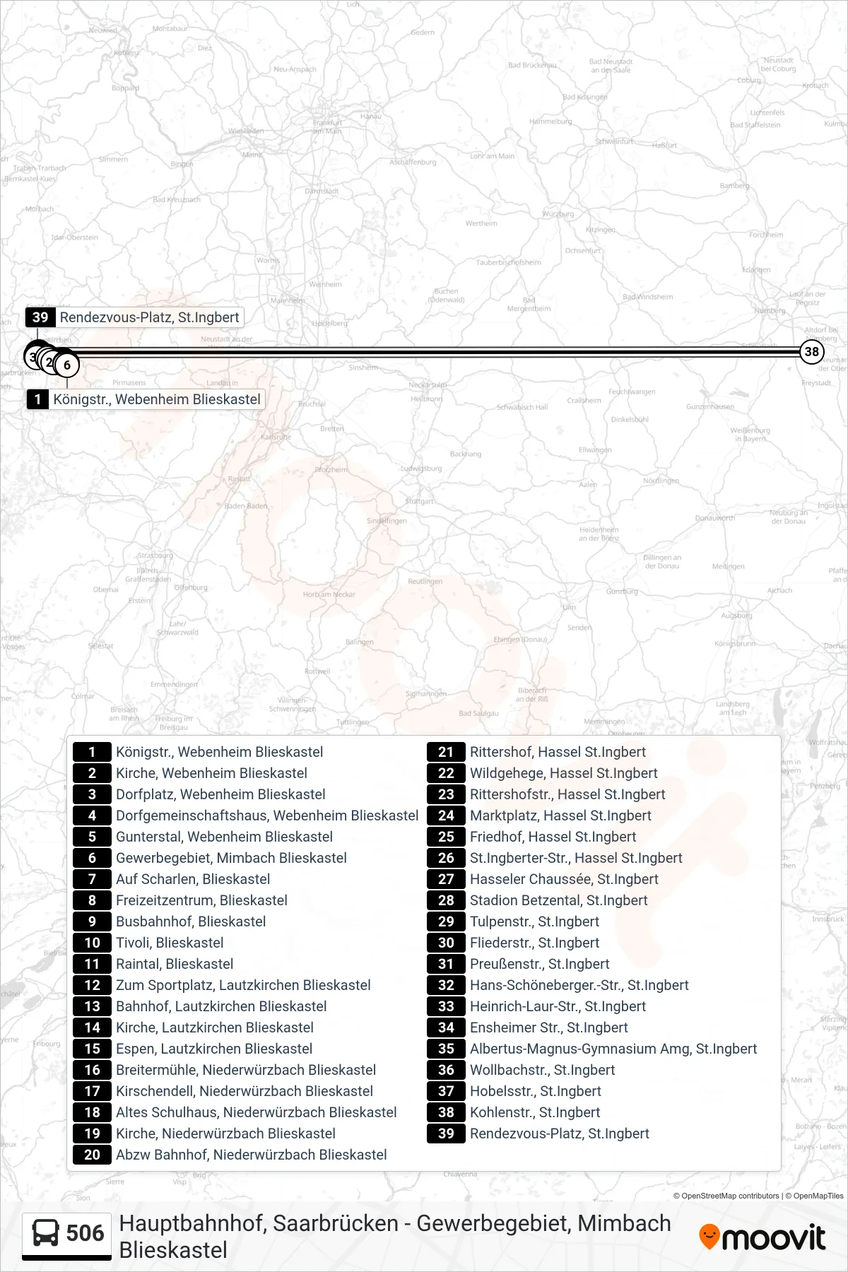 506 bus Line (Rendezvous-Platz, St.Ingbert) route and stops on a map
