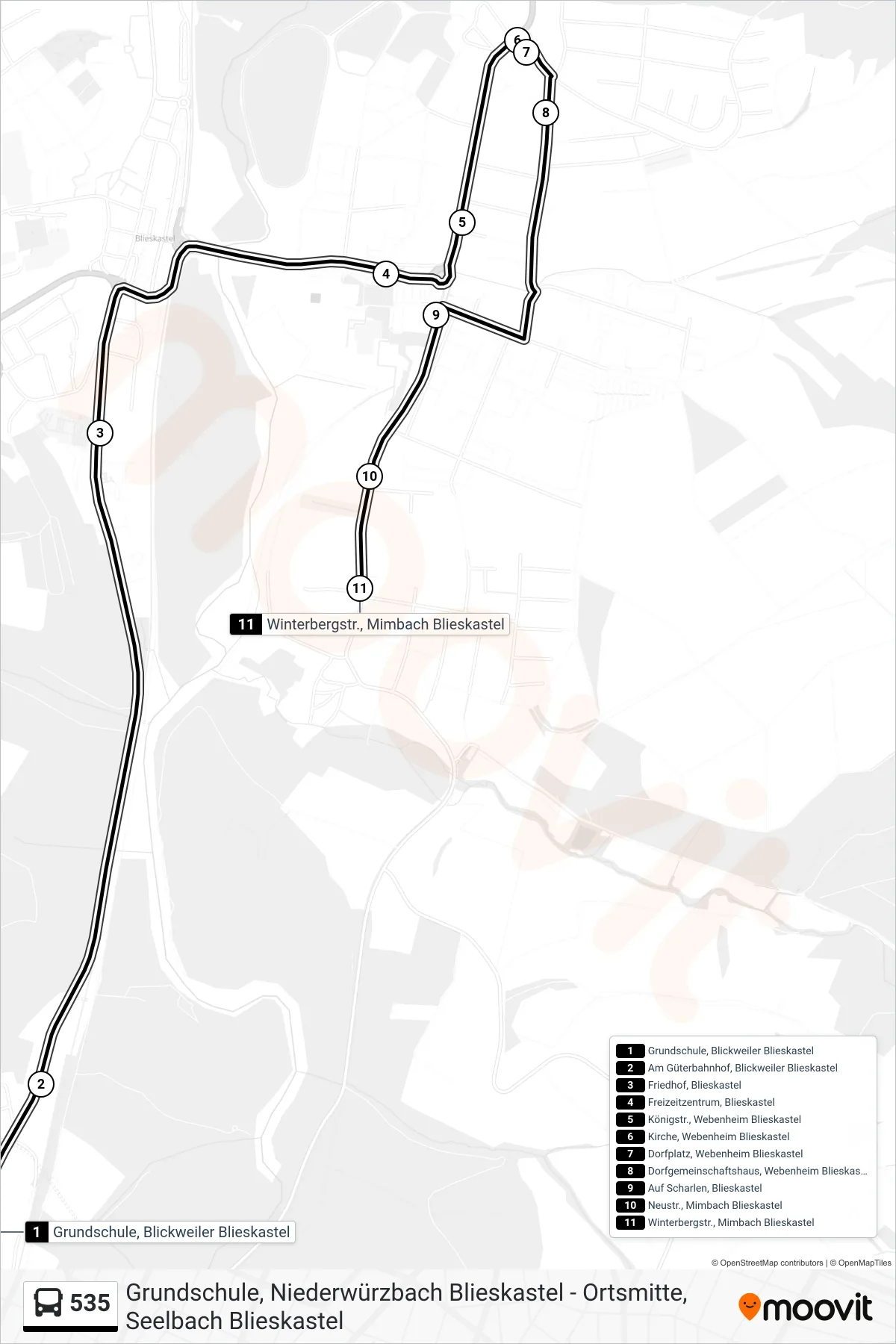 535 bus Line (Mimbach Winterbergstraße) route and stops on a map
