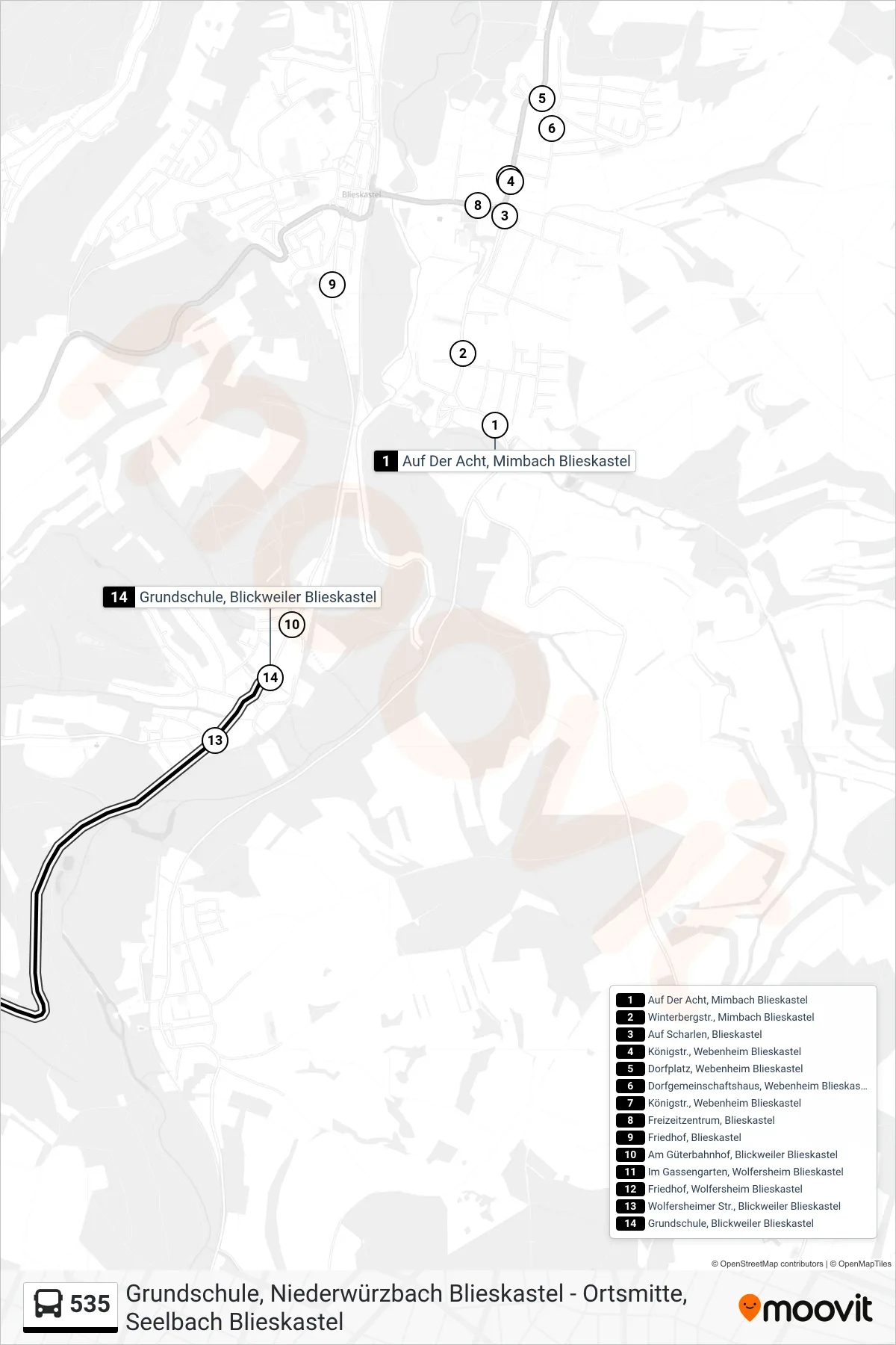 535 bus Line (Blickweiler Grundschule) route and stops on a map