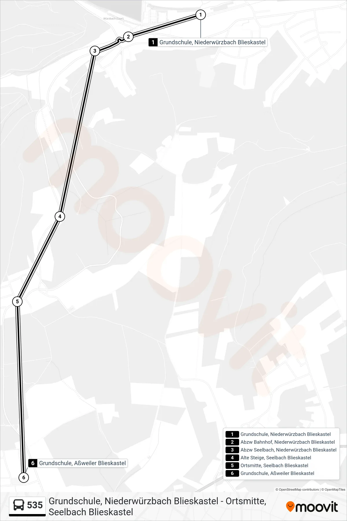 535 bus Line (Aßweiler Grundschule) route and stops on a map