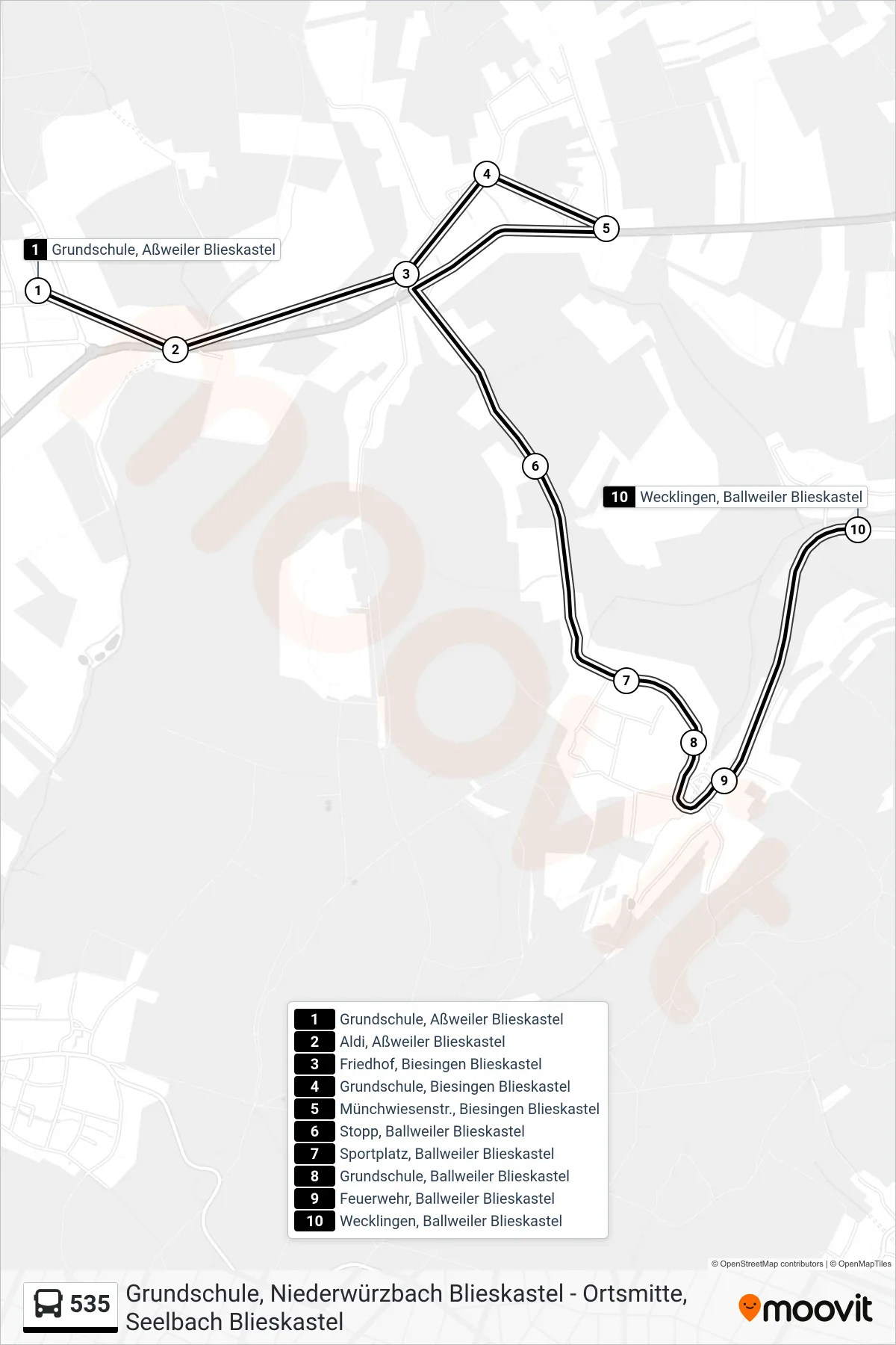 535 bus Line (Wecklingen Ü. Bies.) route and stops on a map
