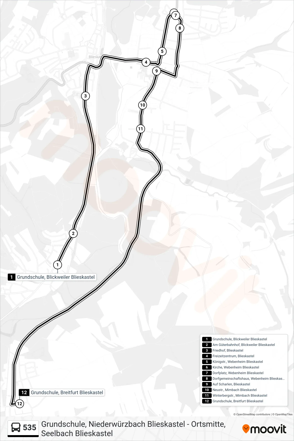 535 bus Line (Grundschule, Breitfurt Blieskastel) route and stops on a map