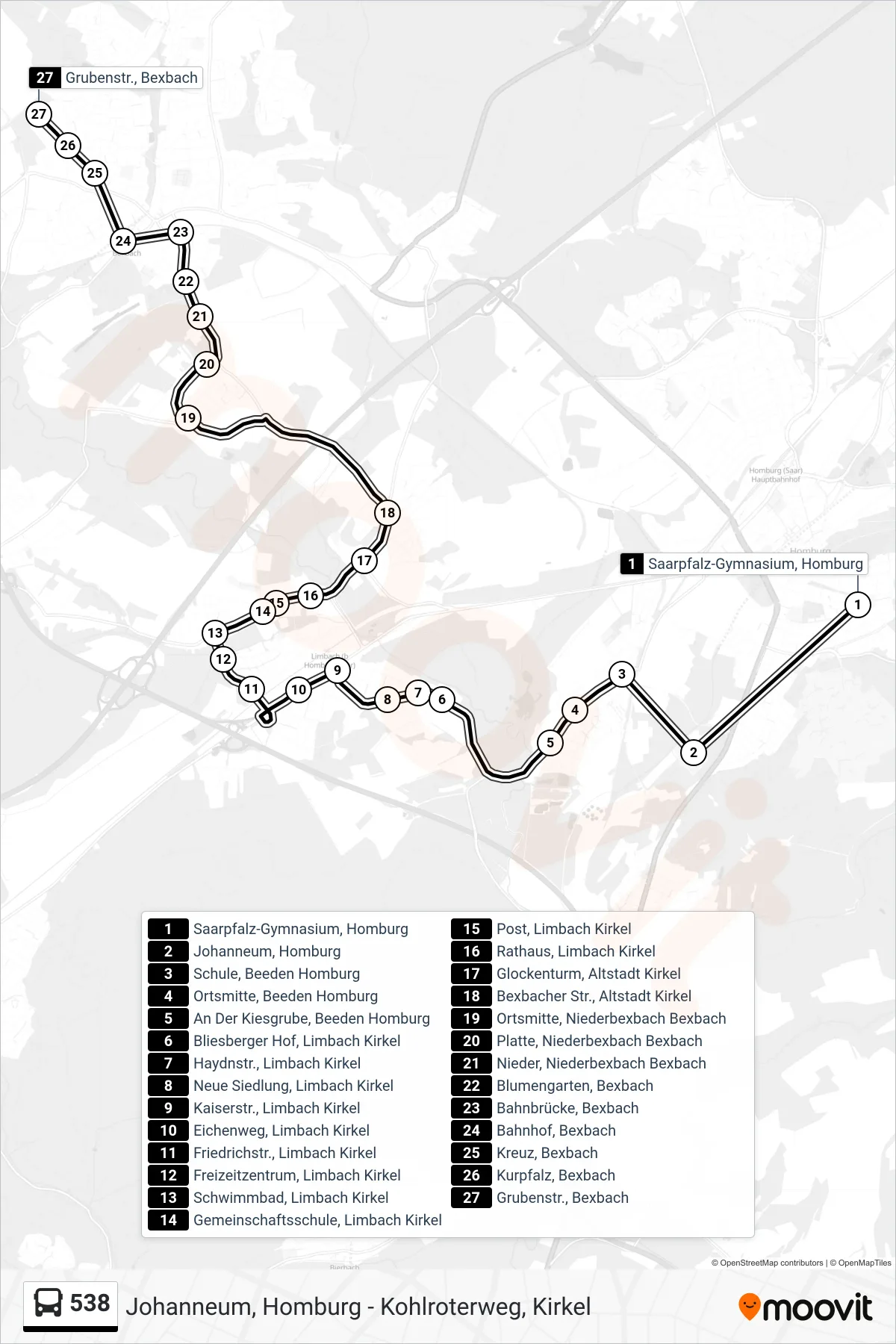 Linie 538 (Bus) Richtung Grubenstr., Bexbach: Route und Haltestellen auf der Karte