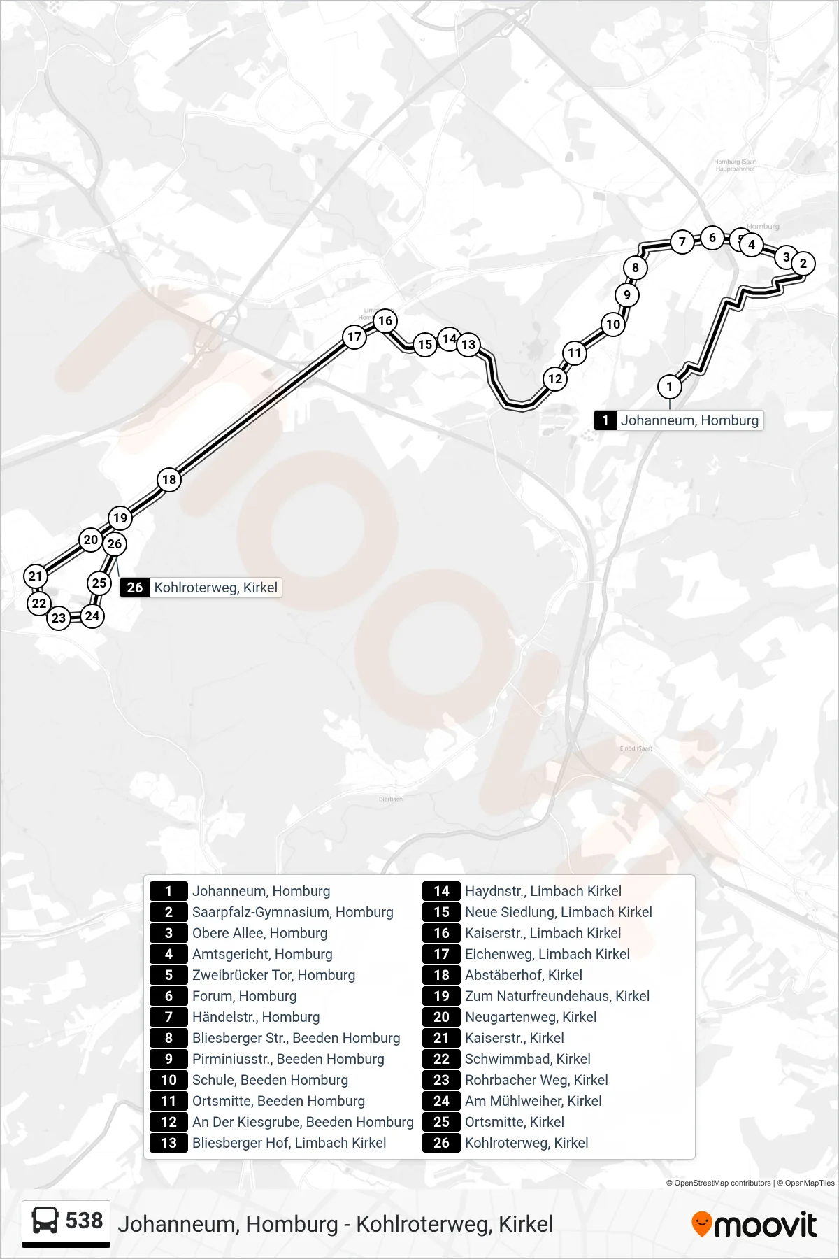538 bus Line (Kirkel Ü. Beeden) route and stops on a map