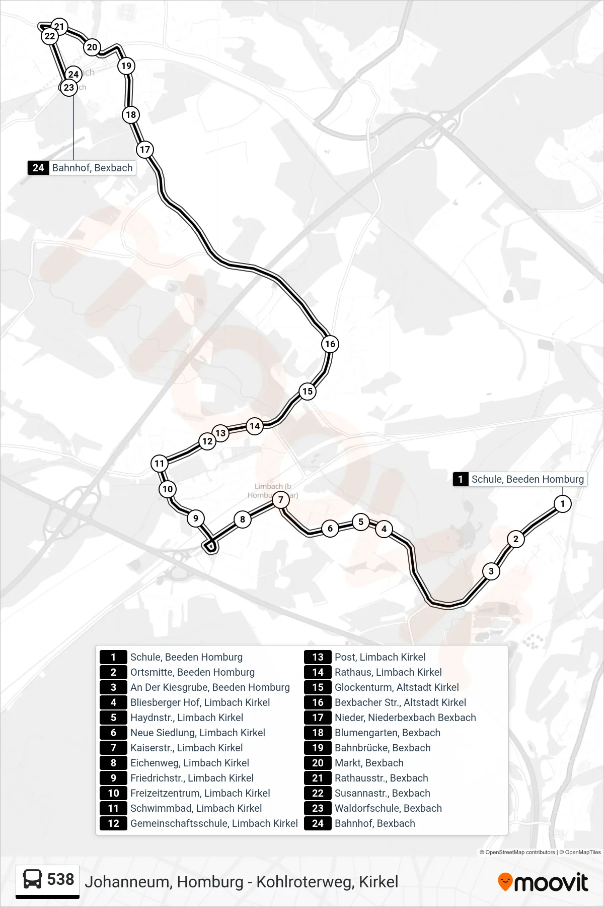538 bus Line (Bexbach Waldorfschule) route and stops on a map