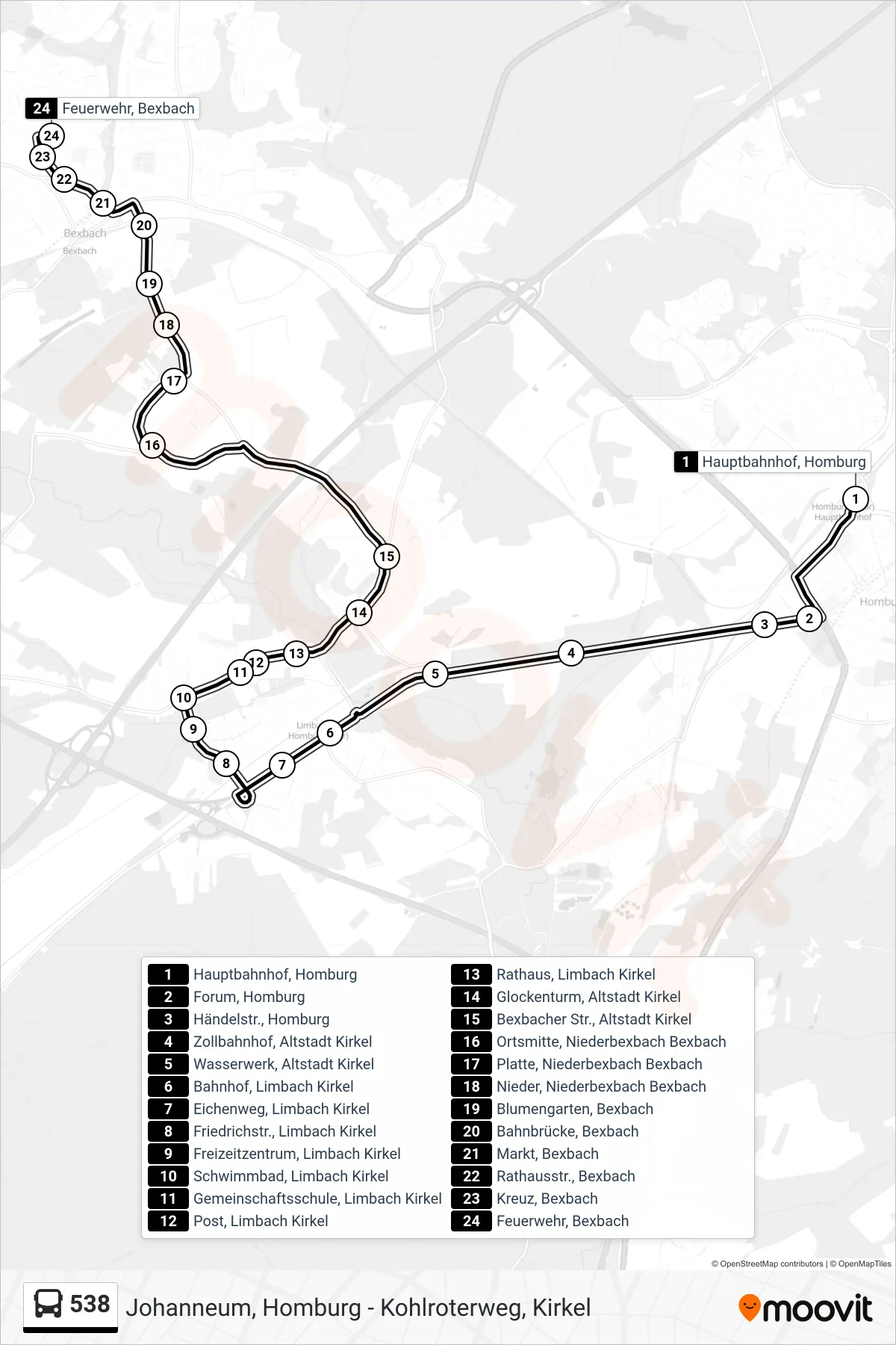 538 bus Line (Bexbach Feuerwehr) route and stops on a map