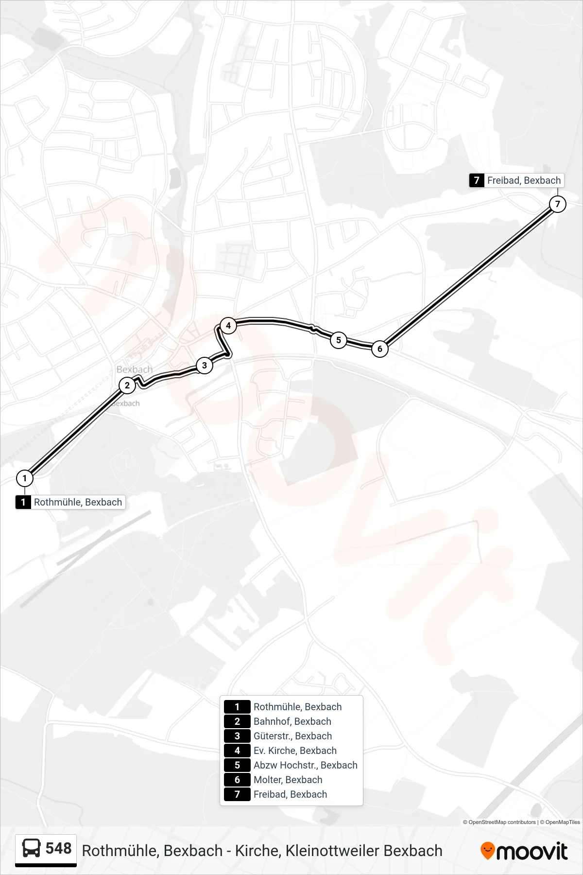 548 bus Line (Freibad, Bexbach) route and stops on a map