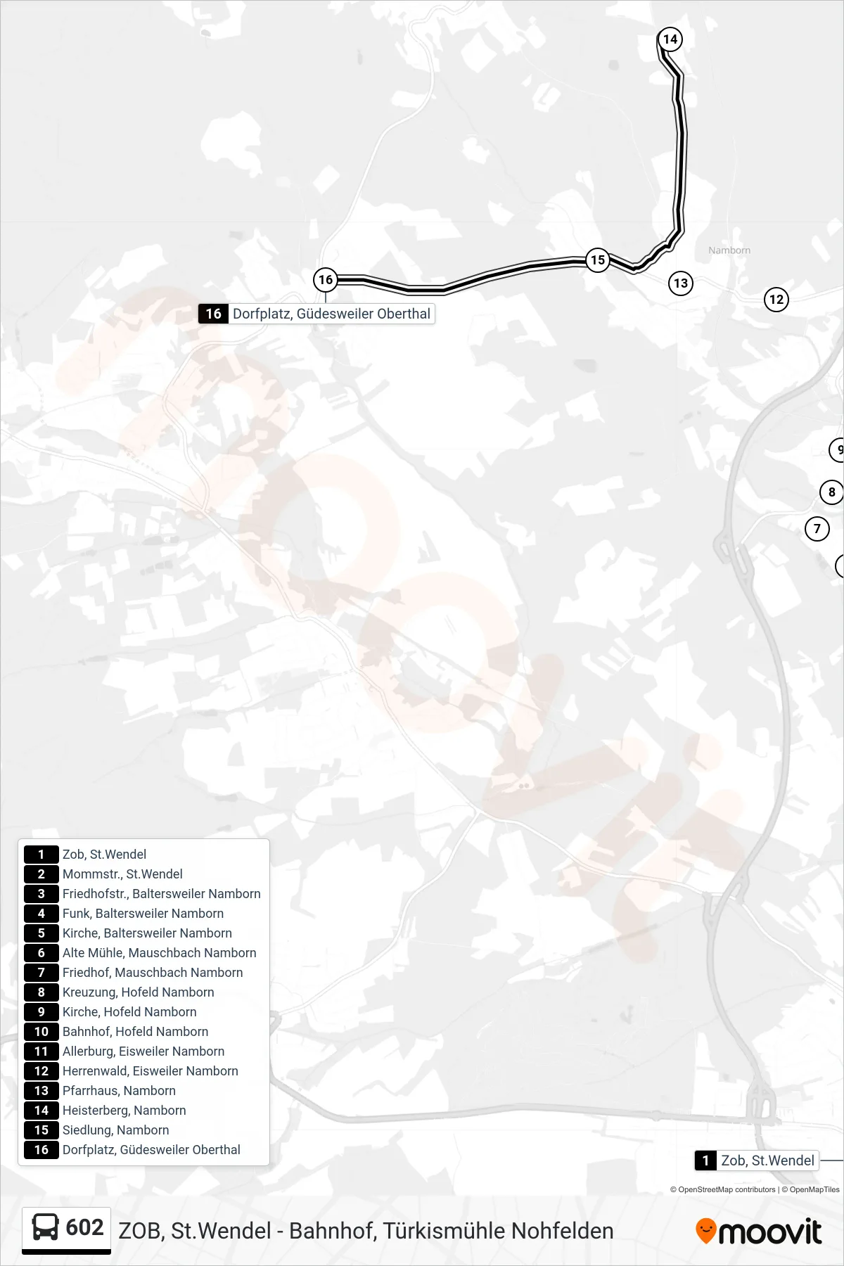 602 bus Line (Güdesweiler Ü. Namborn) route and stops on a map