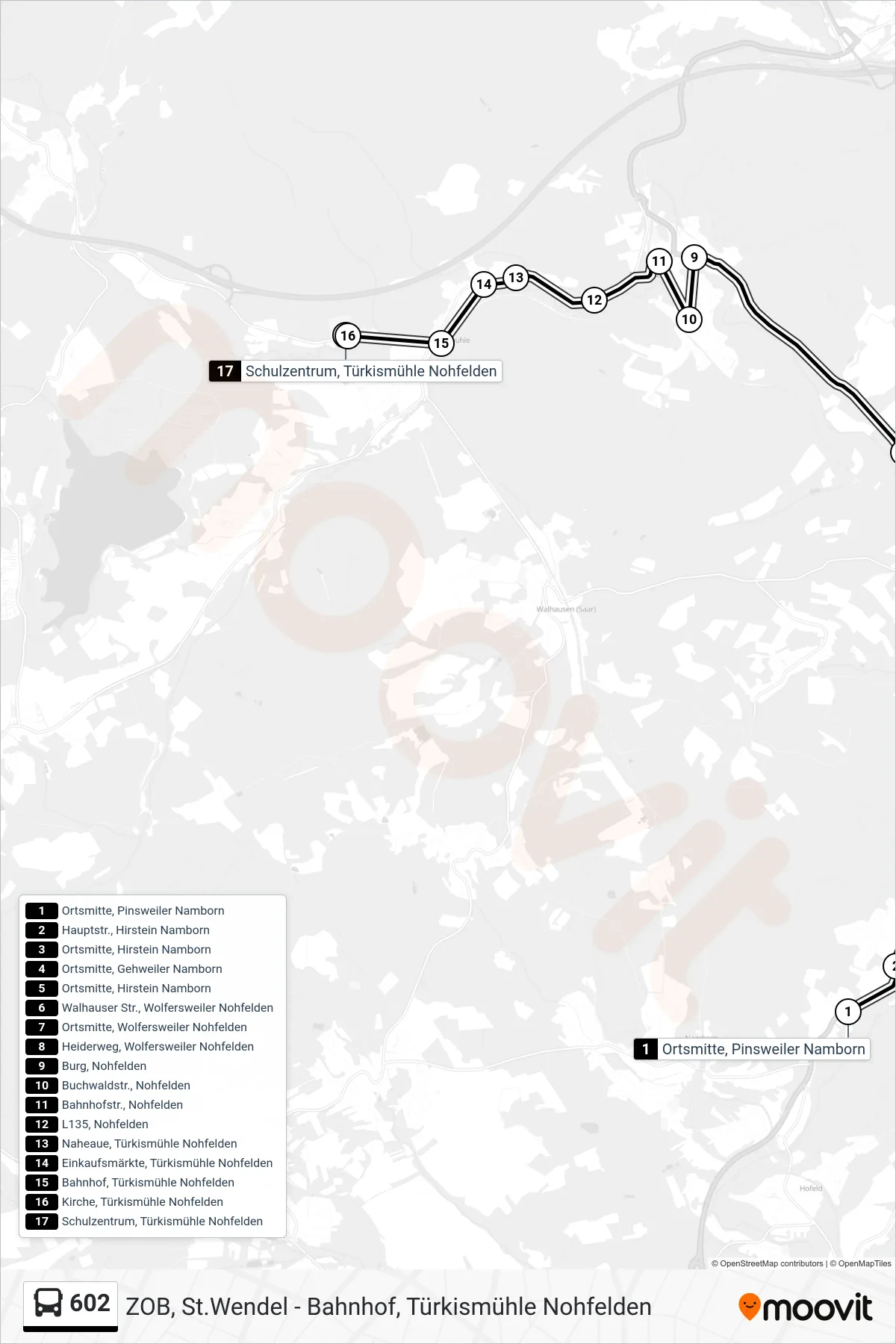 602 bus Line (Türkismühle Sz Ü. Nohfel.) route and stops on a map