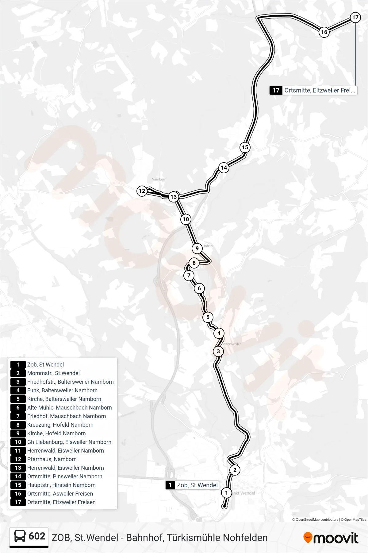 Linie 602 (Bus) Richtung Ortsmitte, Eitzweiler Freisen: Route und Haltestellen auf der Karte